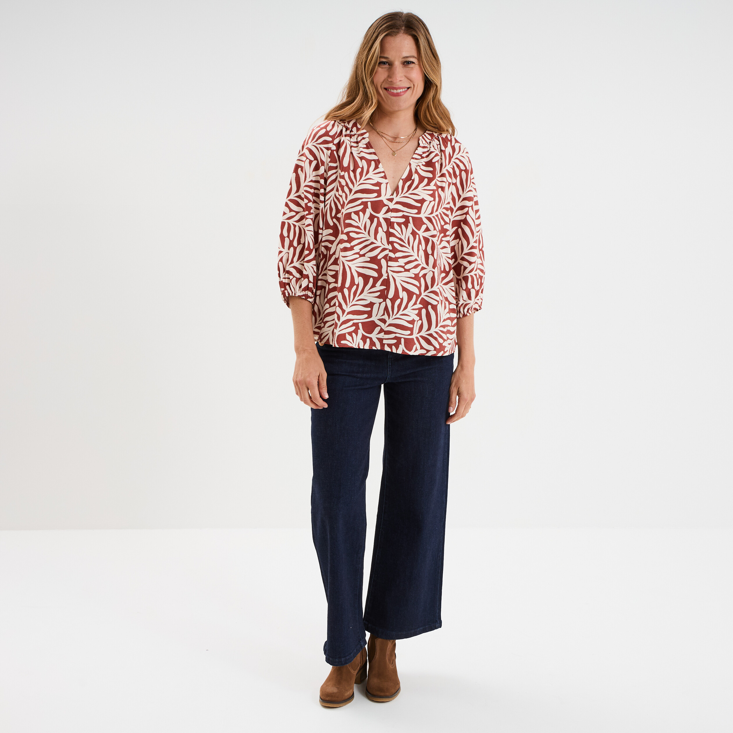 blouse manches 34 ballons col tunisien terracotta femme Blouse manches 3/4 ballons col tunisien terracotta femme