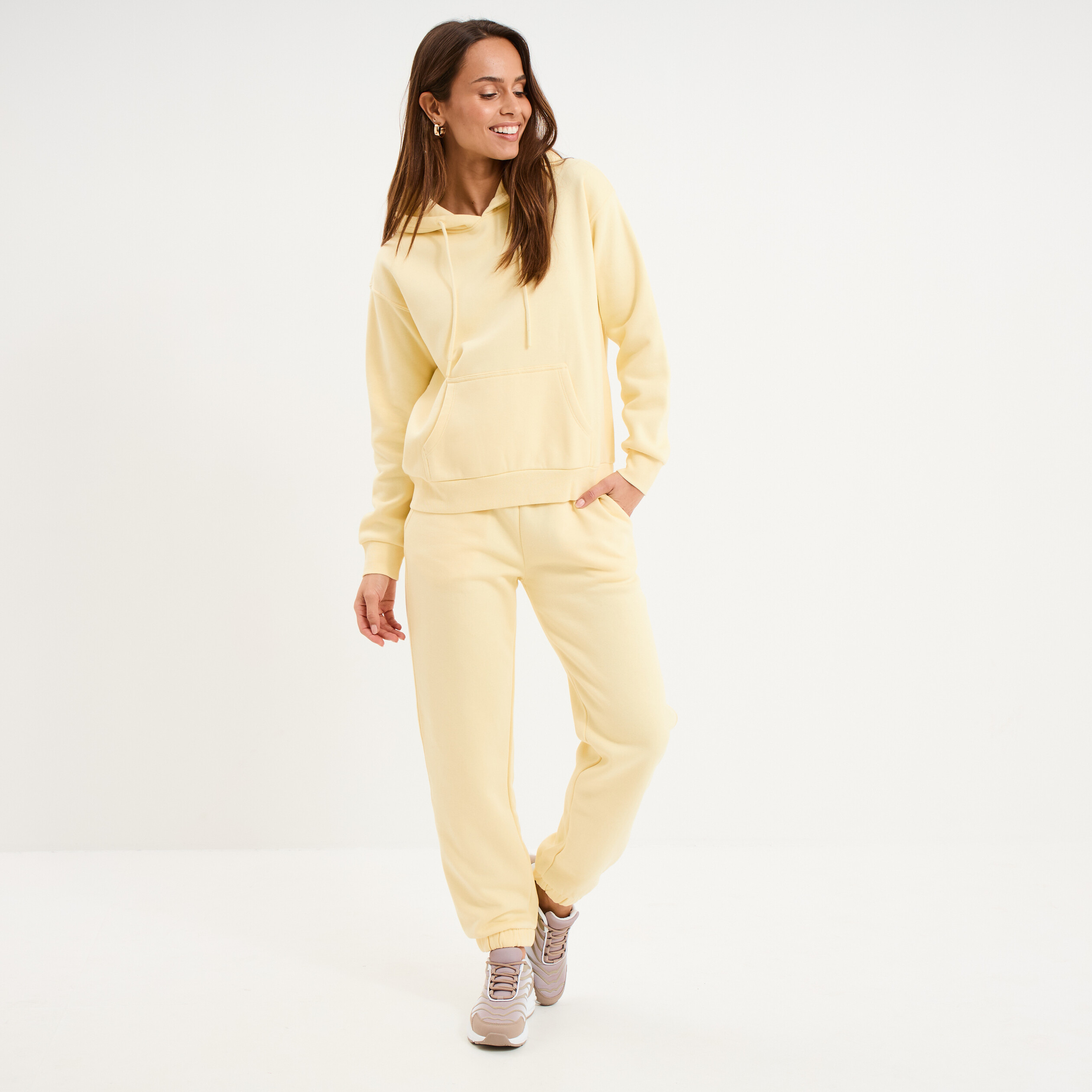 Sweat hoodie molleton &agrave; capuche jaune clair femme