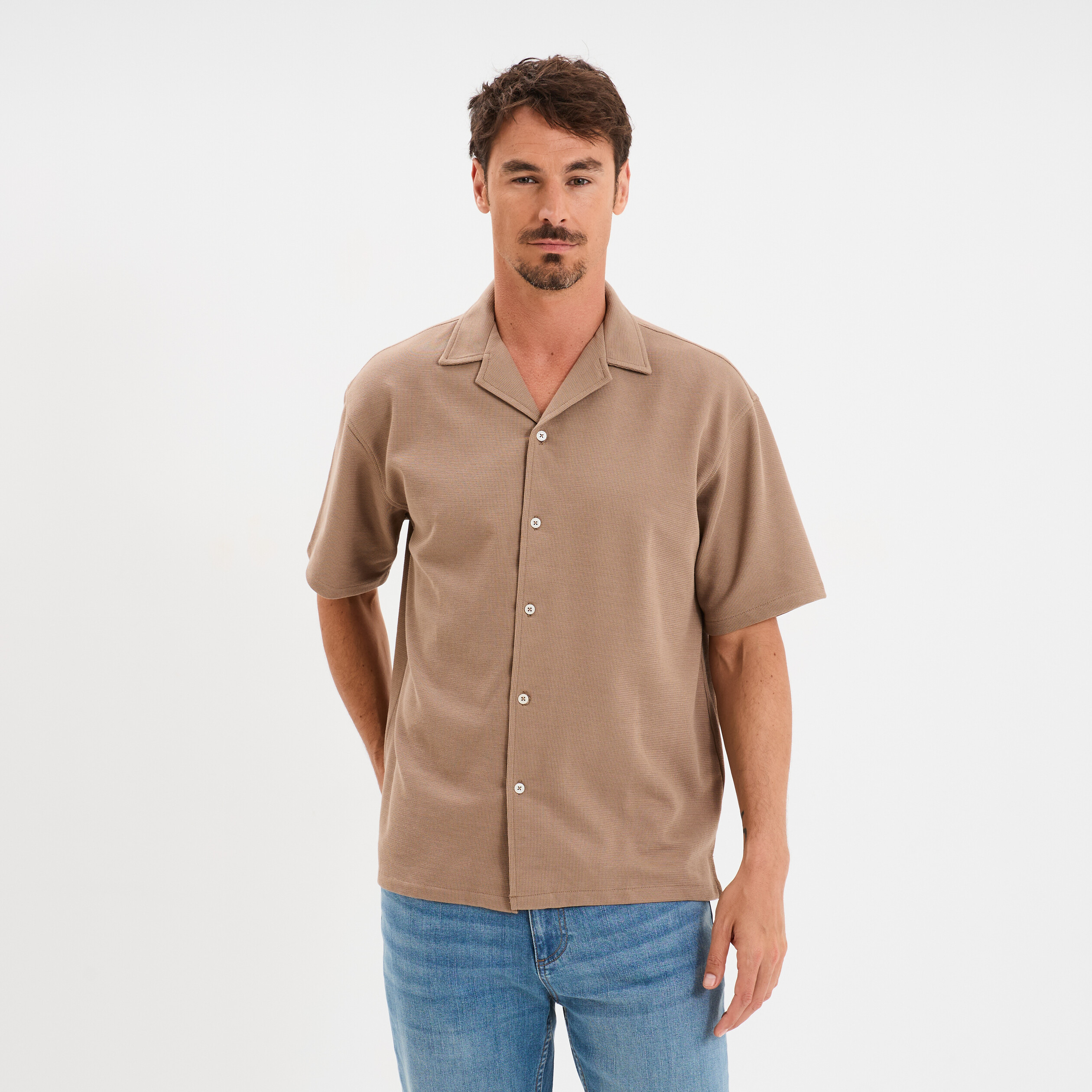 chemise col cubain manches courtes taupe homme Chemise col cubain manches courtes taupe homme