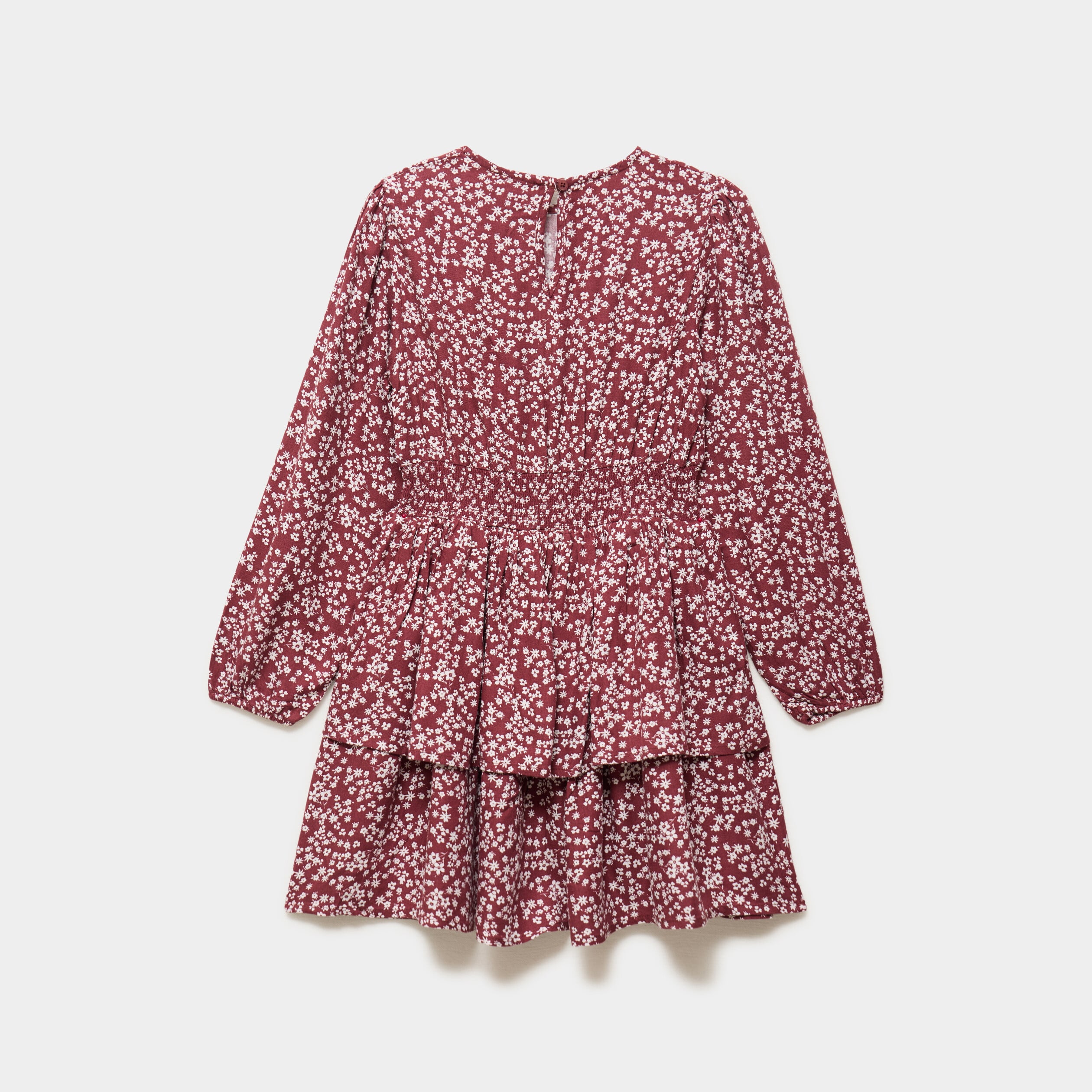 Robe courte patineuse &agrave; volants smock&eacute;e bordeaux fille