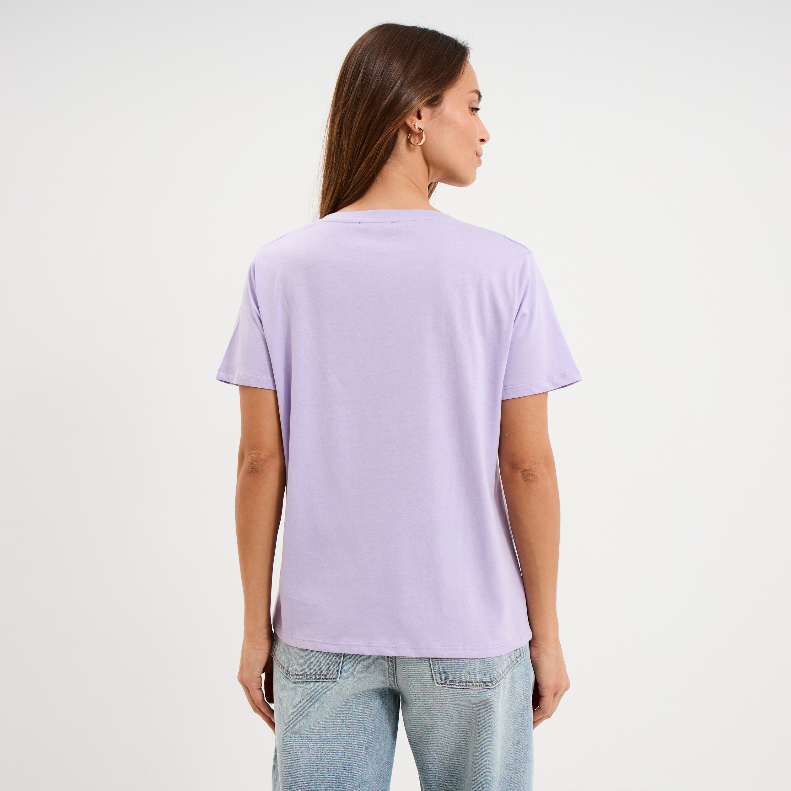 T-shirt manches courtes col en V coton parme femme