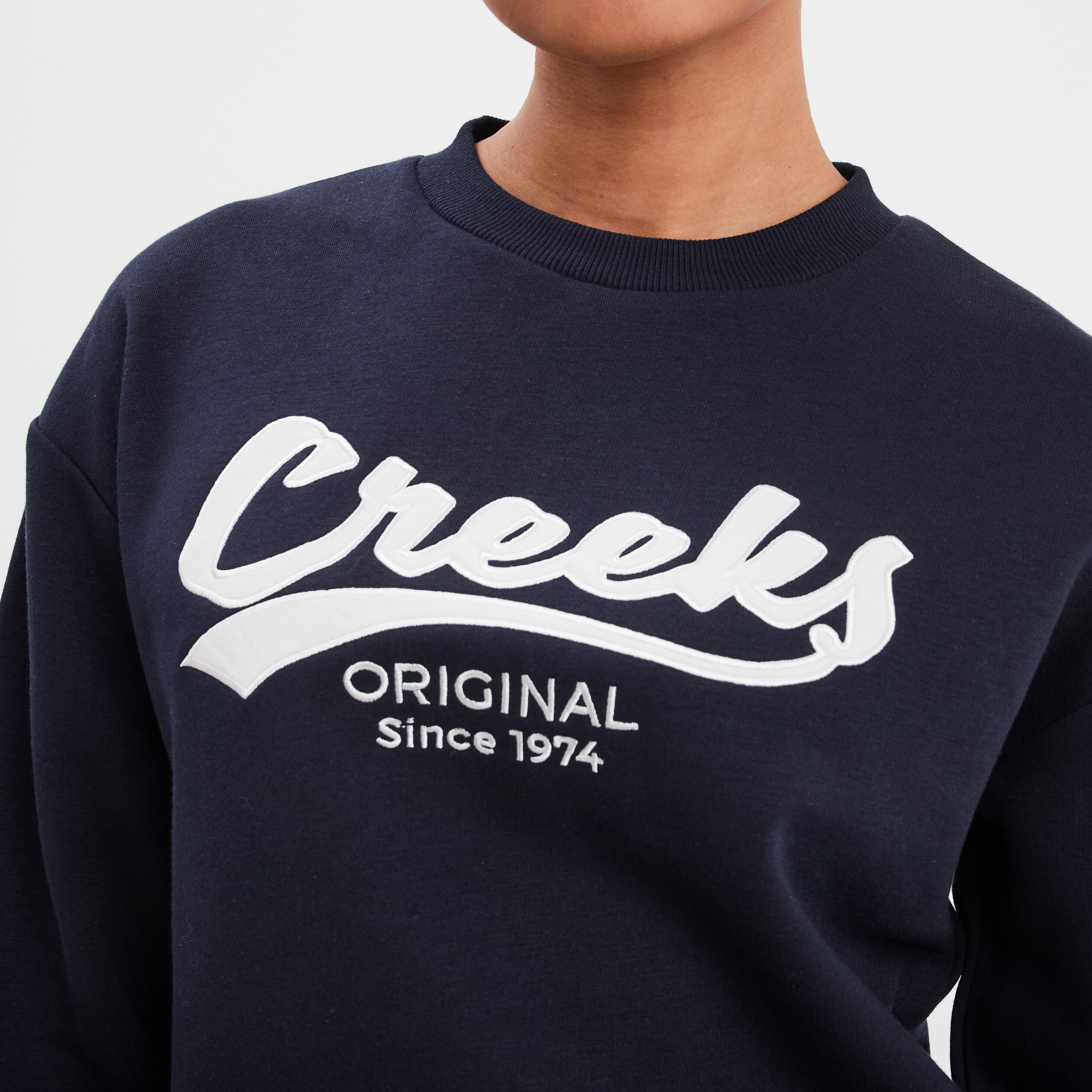 Sweat molleton col rond manches longues bleu fonc&eacute; femme