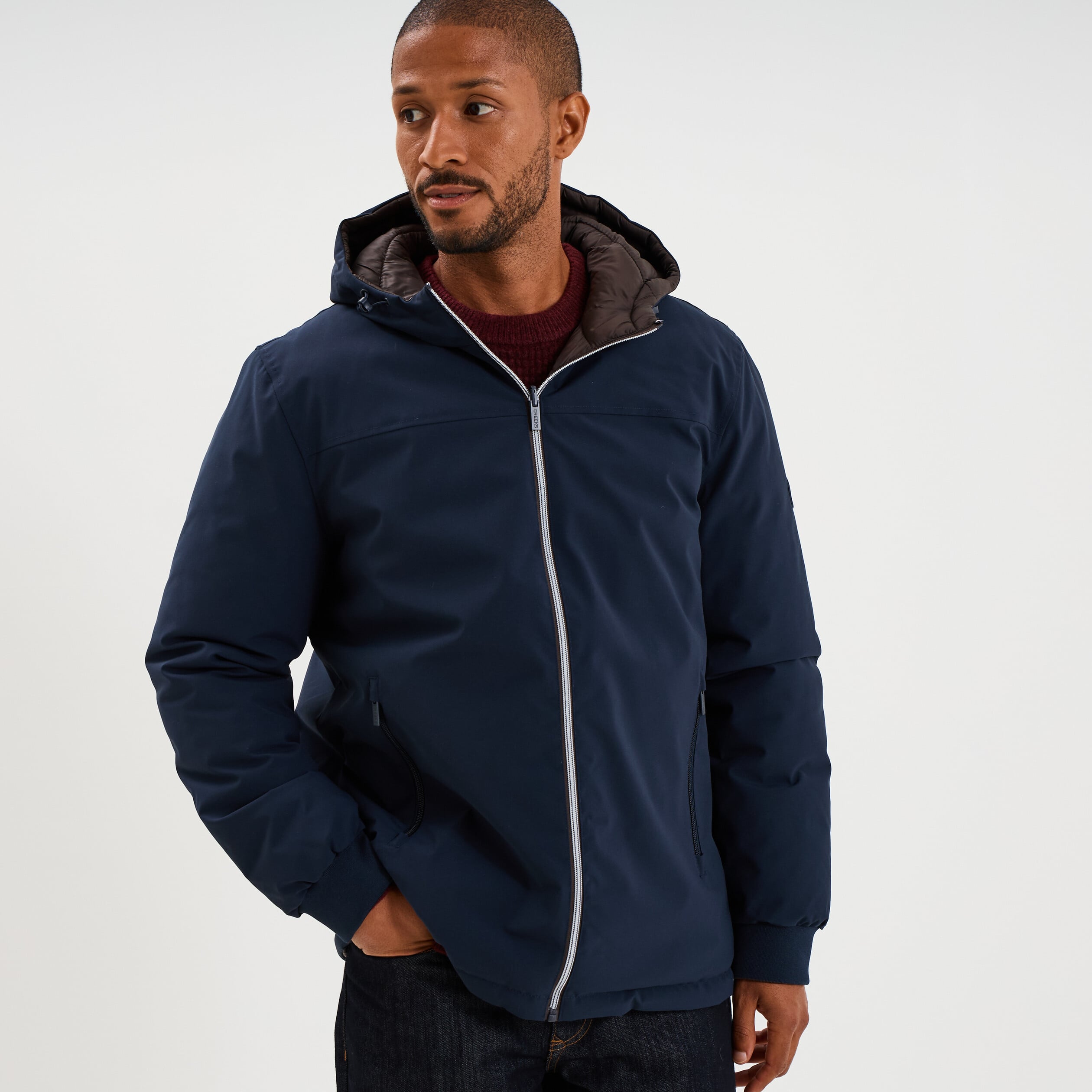 Blouson r&eacute;versible &agrave; capuche zipp&eacute; bleu marine homme