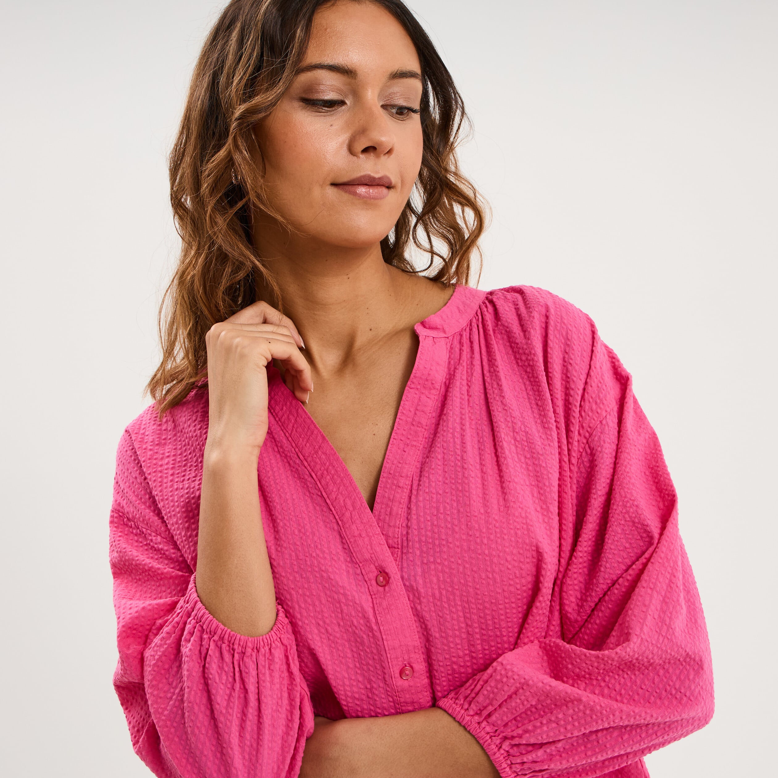 Blouse col tunisien manches 3/4 coton rose fushia femme