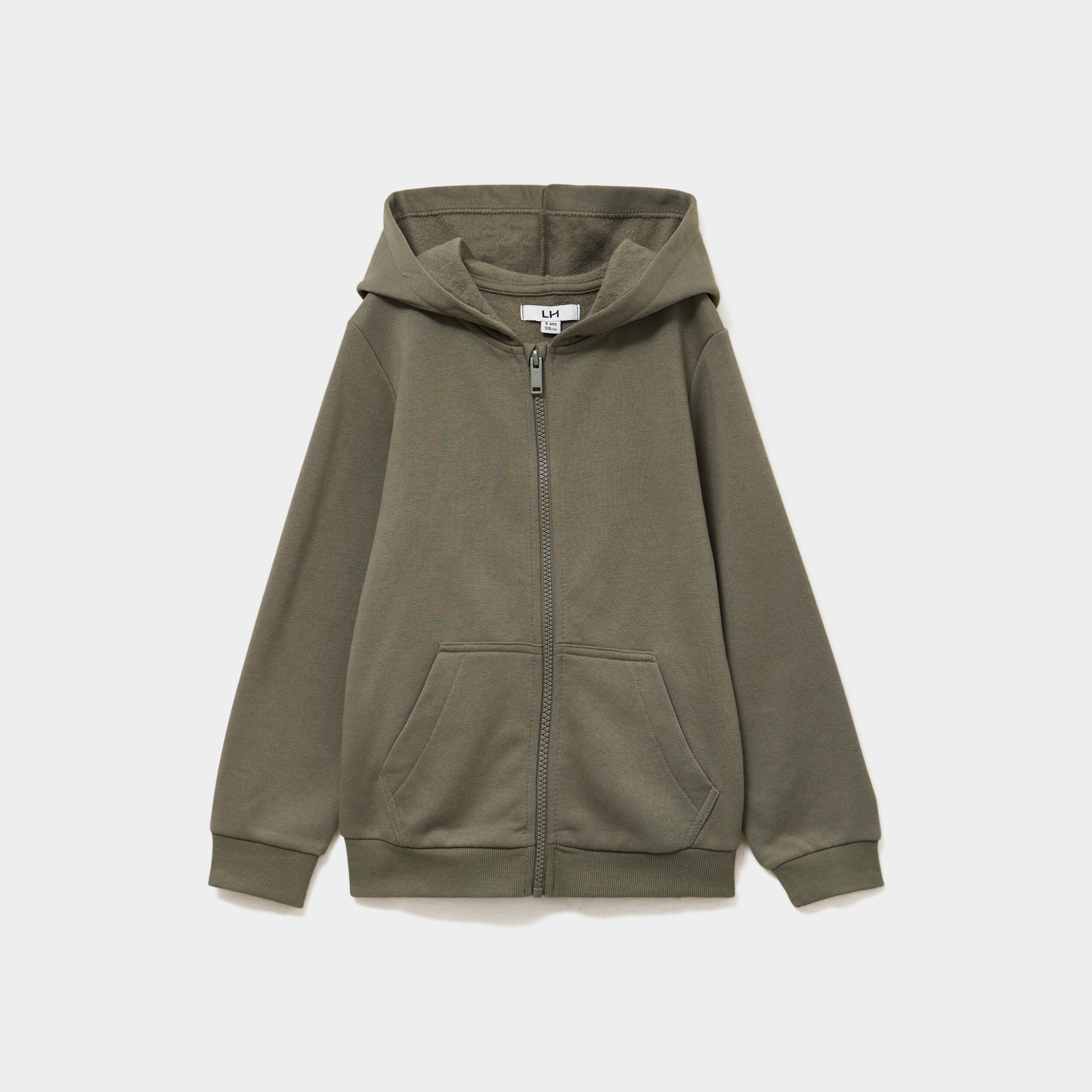 Sweat zipp&eacute; &agrave; capuche en molleton vert kaki gar&ccedil;on