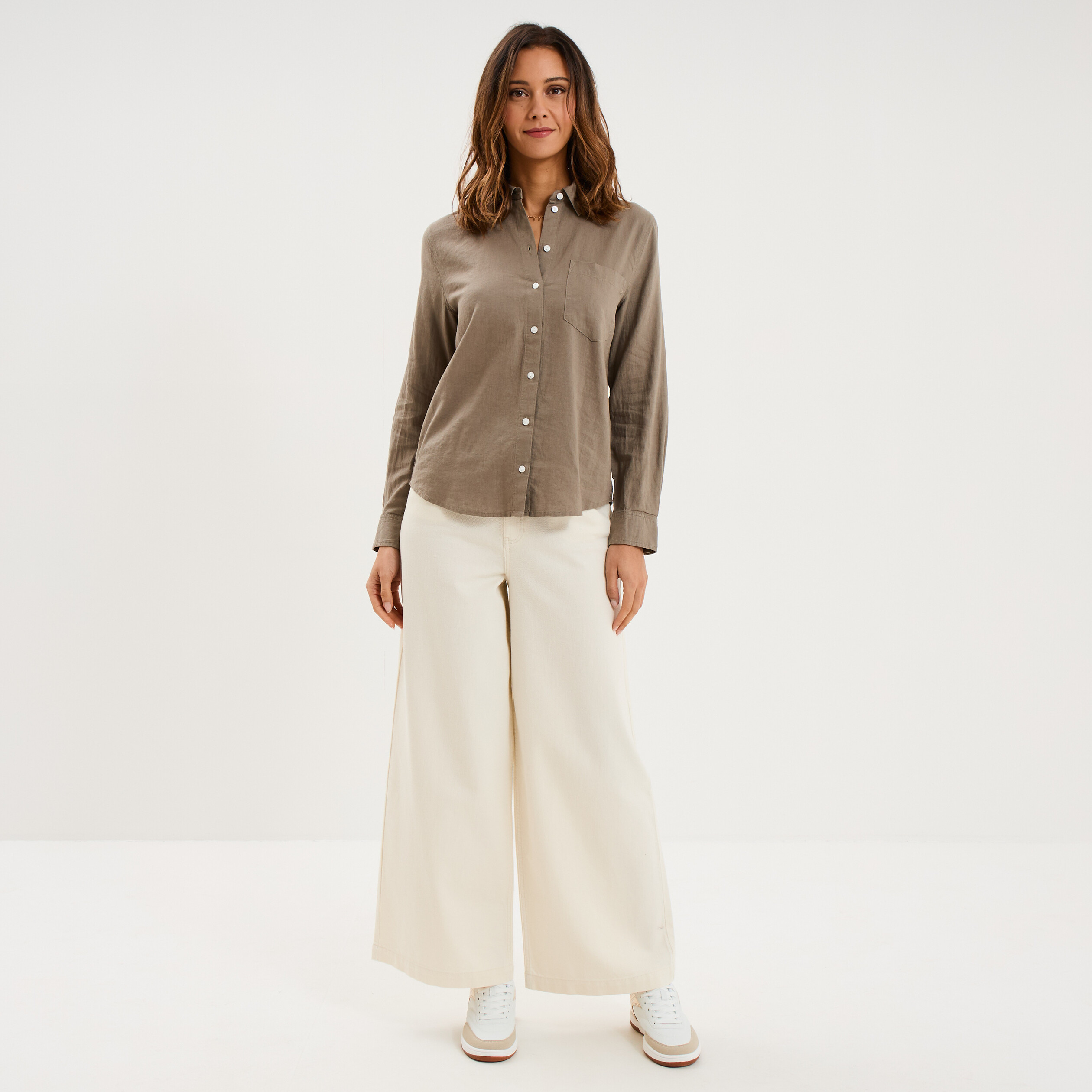 Chemise lin m&eacute;lang&eacute; manches longues vert kaki femme