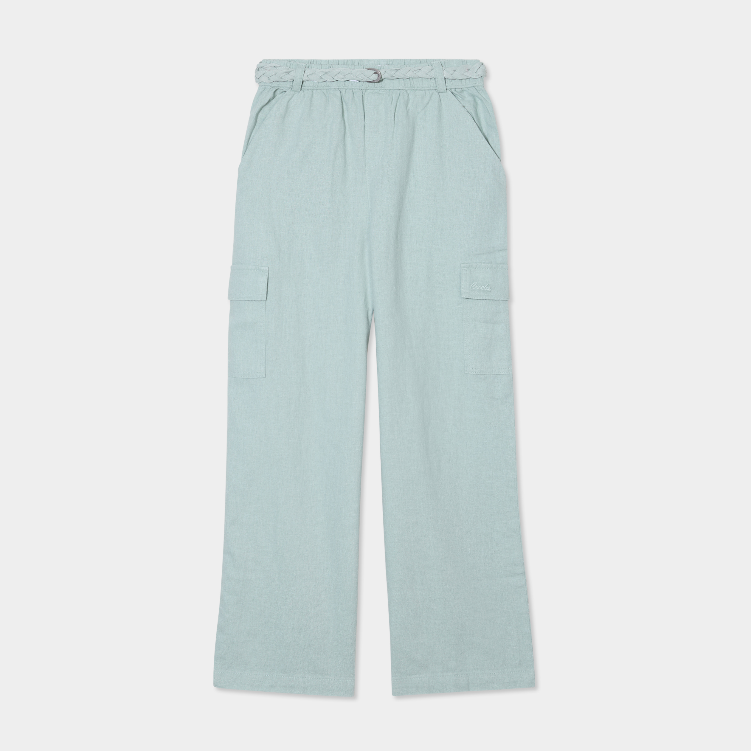 Pantalon large lin m&eacute;lang&eacute; ceintur&eacute; vert pastel fille