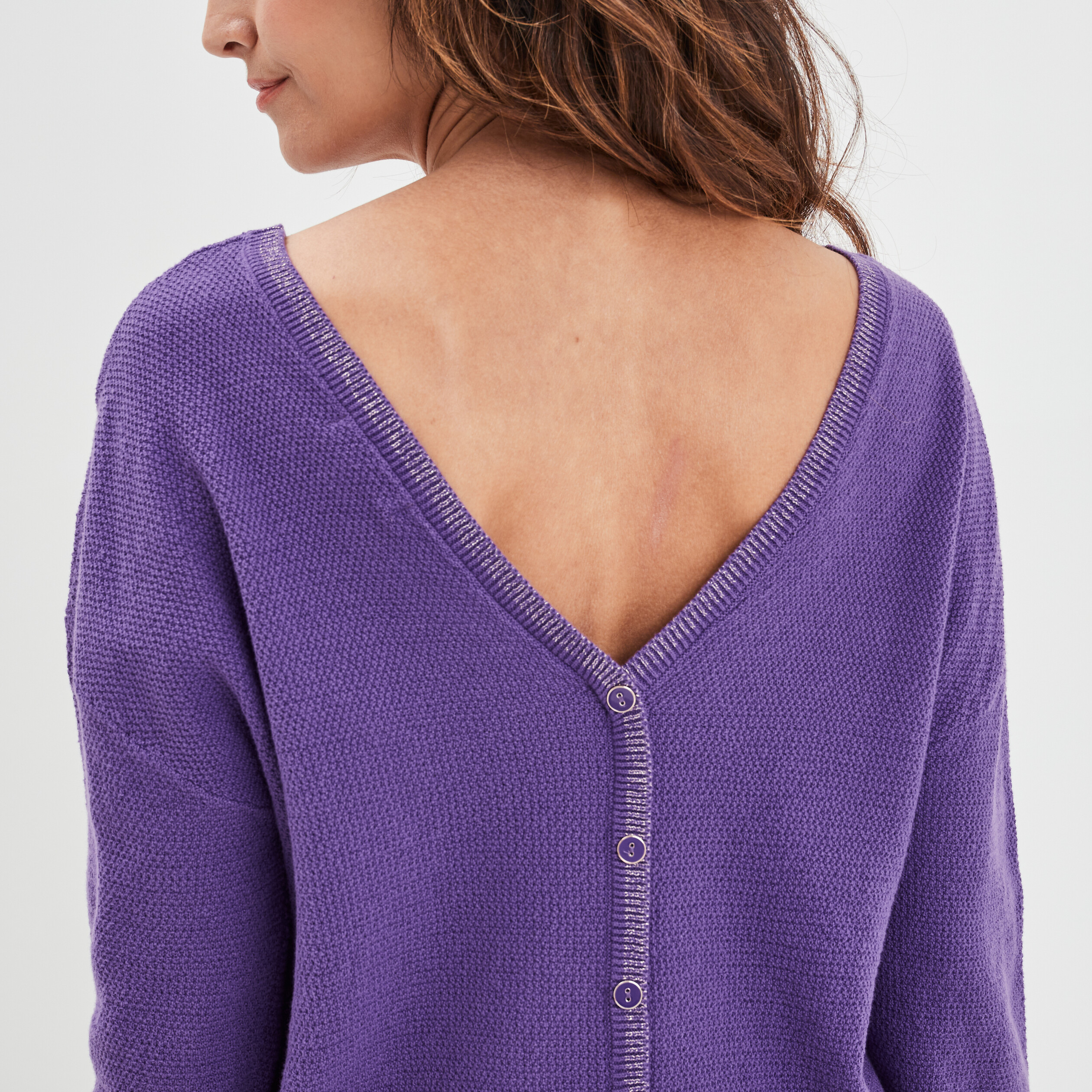 Pull gilet recto-verso col en V violet femme