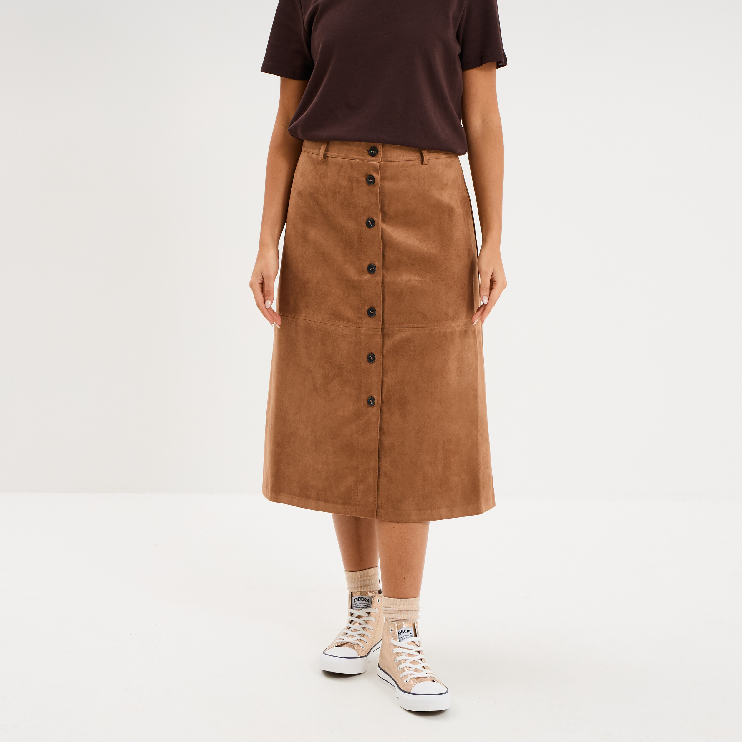 Jupe longue effet su&eacute;dine marron femme
