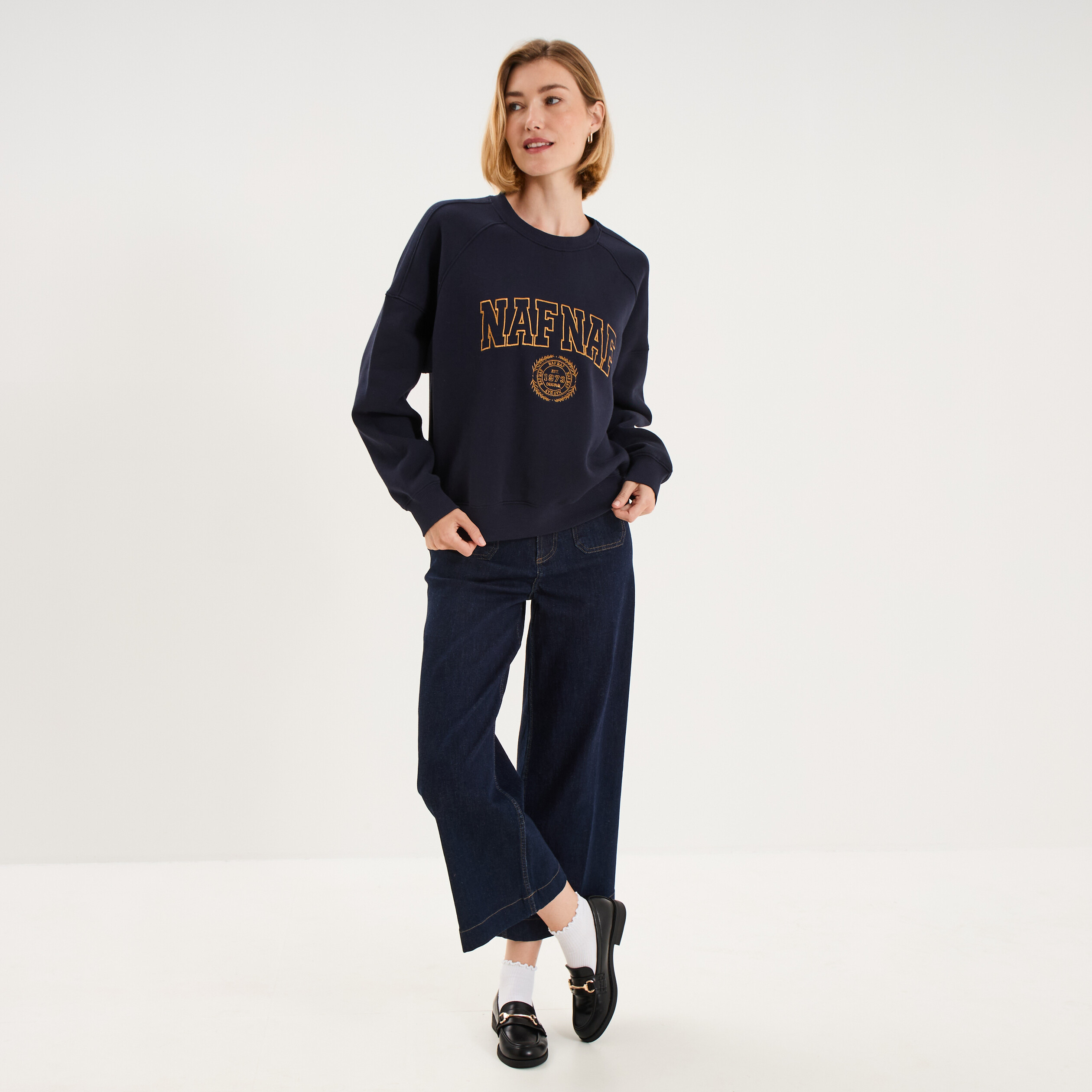 Sweat oversize logo NAF NAF brod&eacute; bleu fonc&eacute; femme