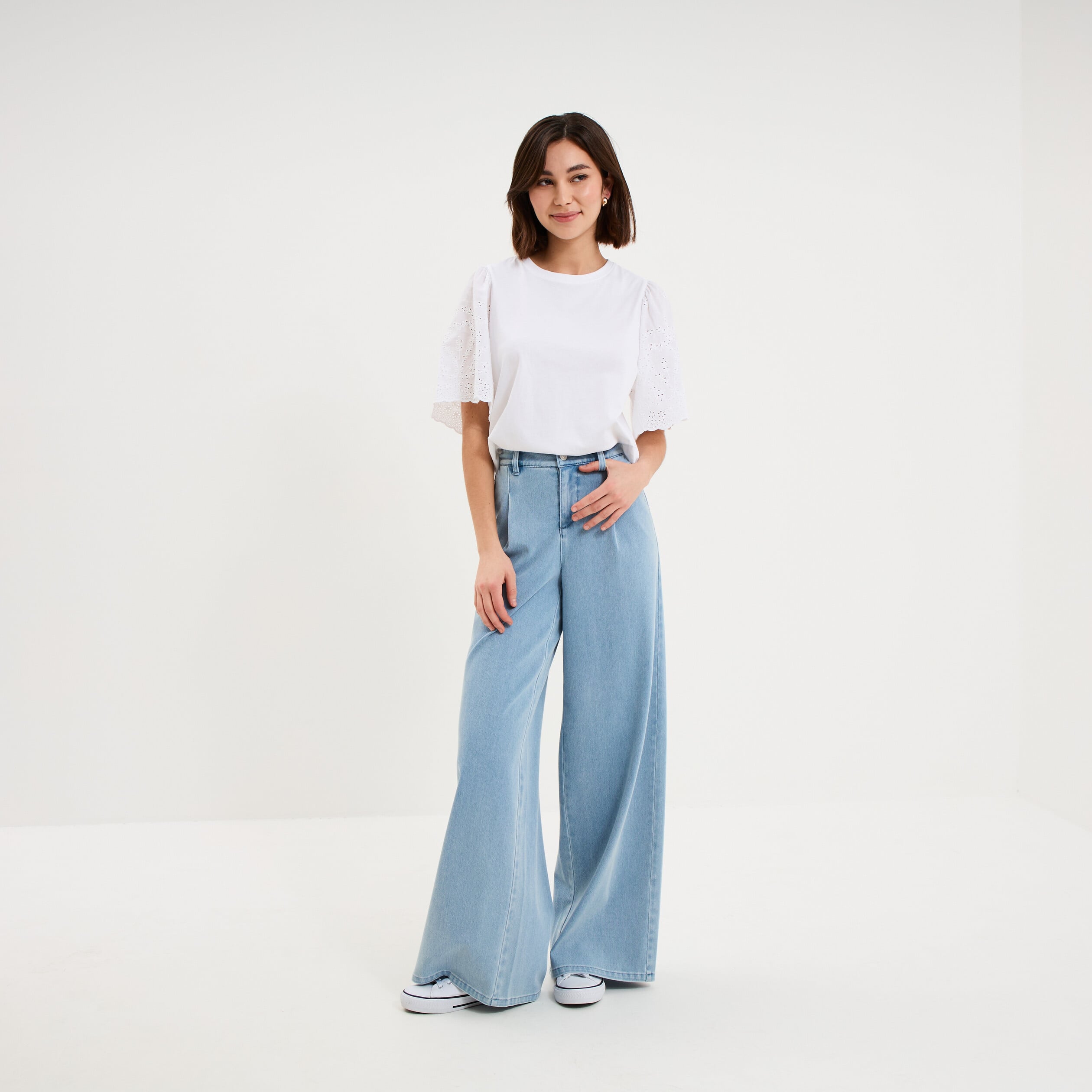 Jeans wide leg &agrave; pinces denim triple stone femme