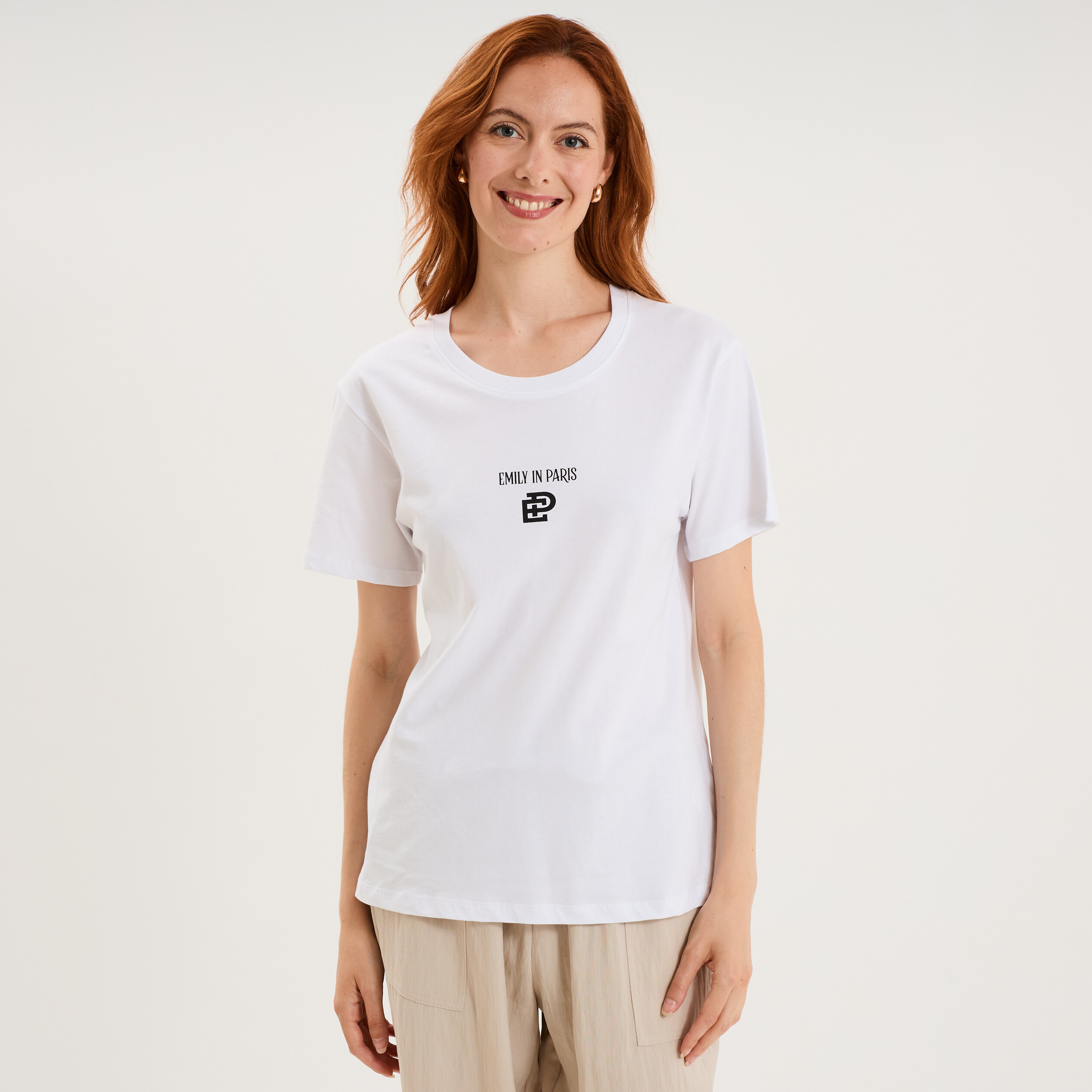 T-shirt col rond coton Emily in Paris blanc femme