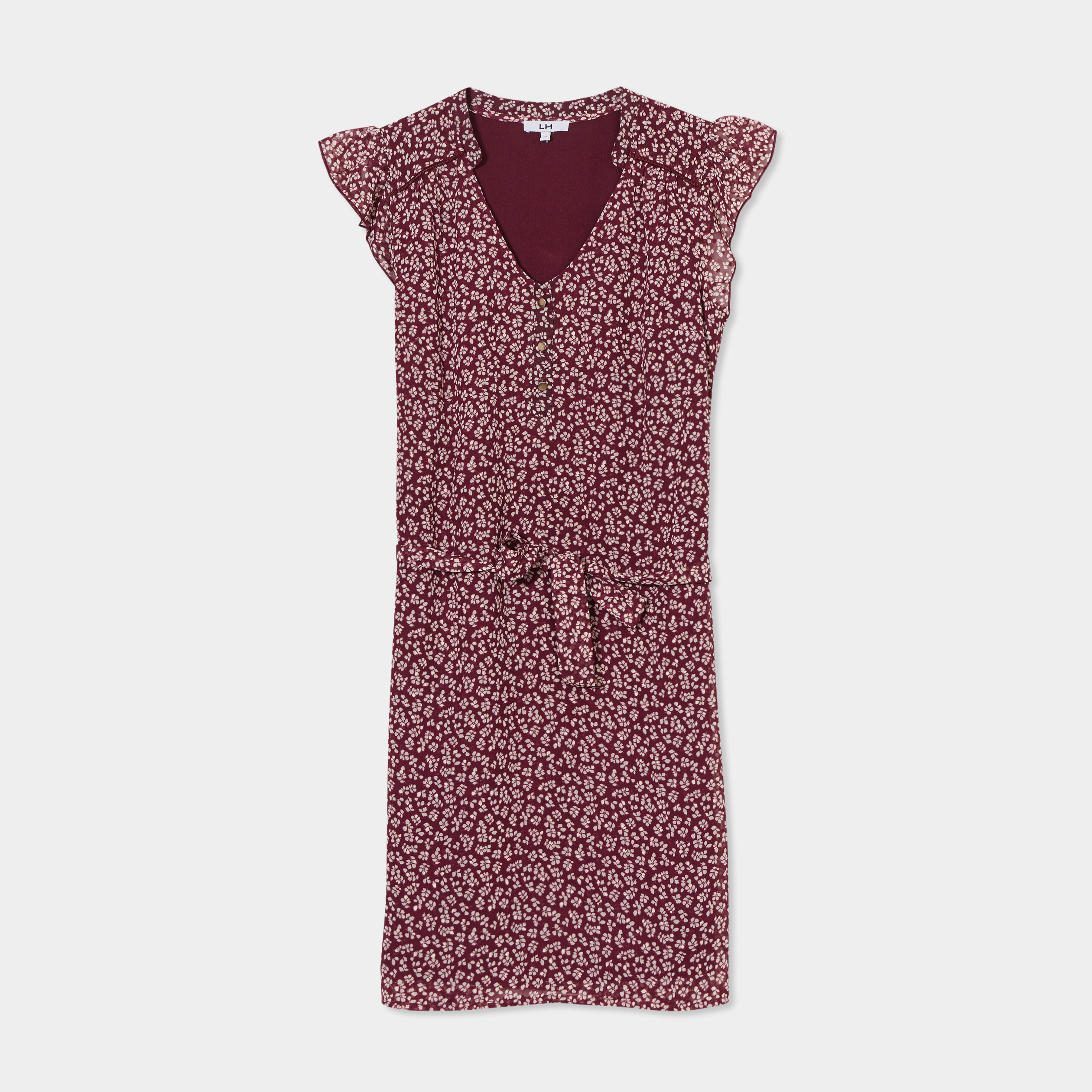 robe col v plumetis droite ceinturee bordeaux femme Robe col V plumetis droite ceinturée bordeaux femme