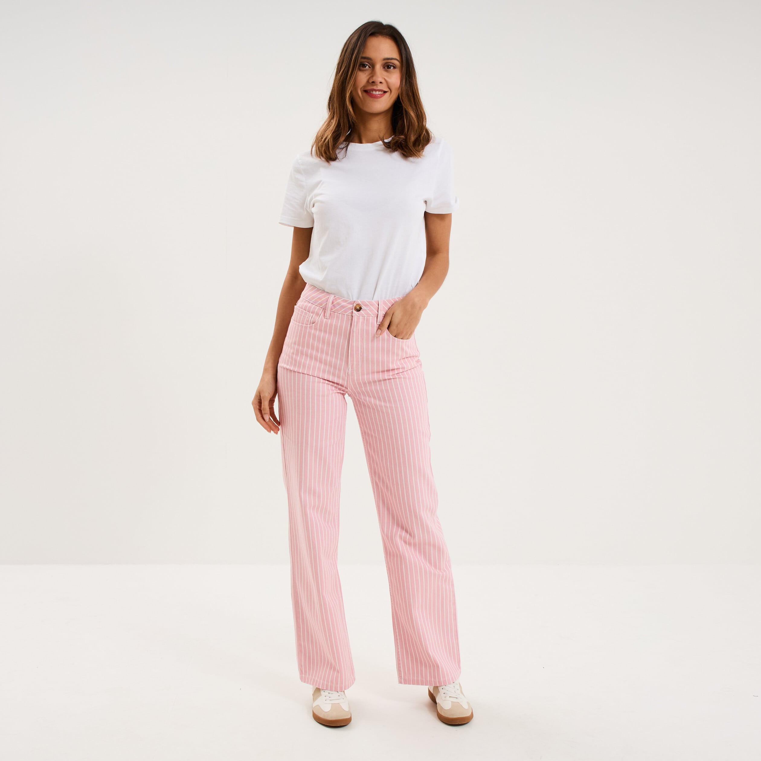 Jean droit taille haute coton rose clair femme