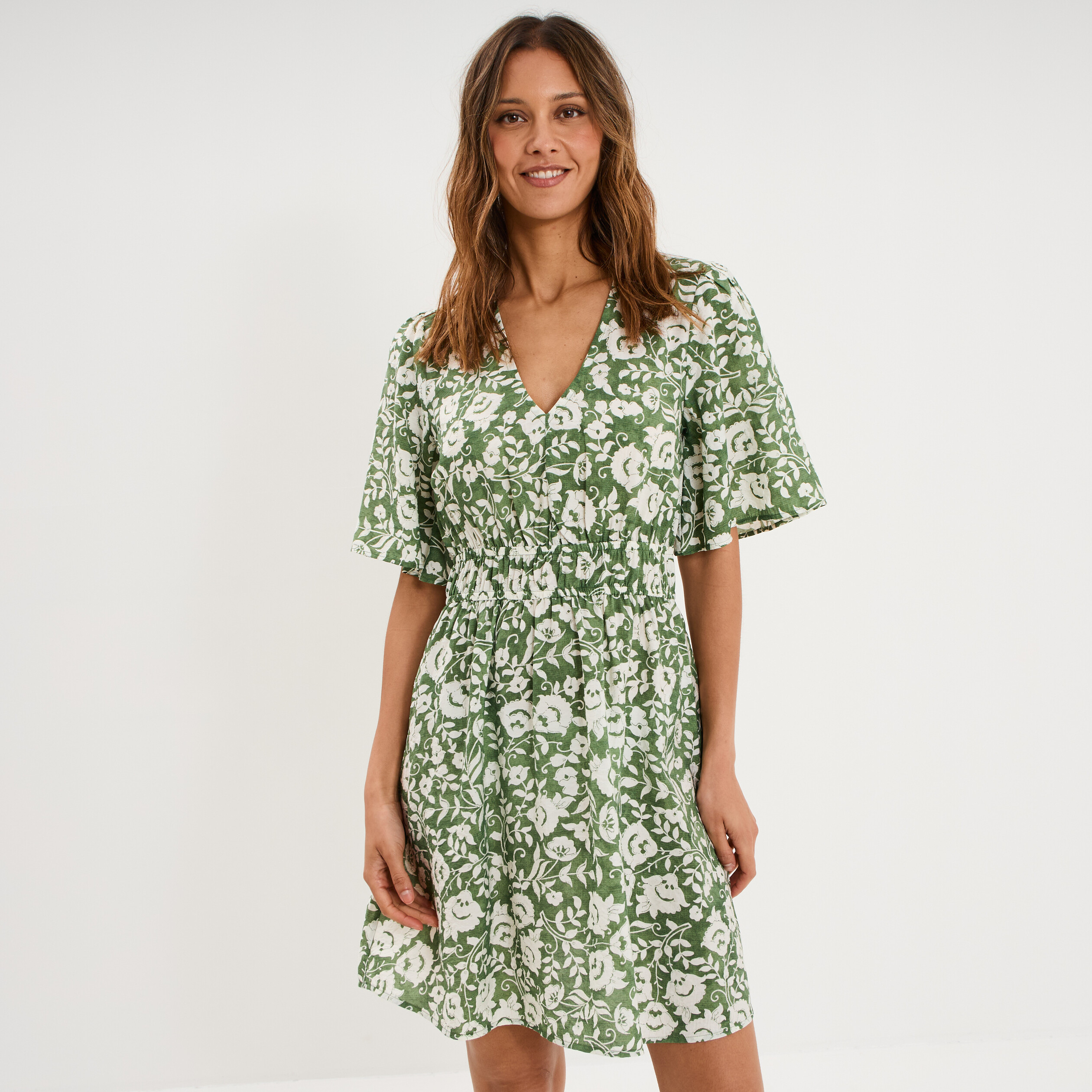 Robe courte taille &eacute;lastiqu&eacute;e vert kaki femme