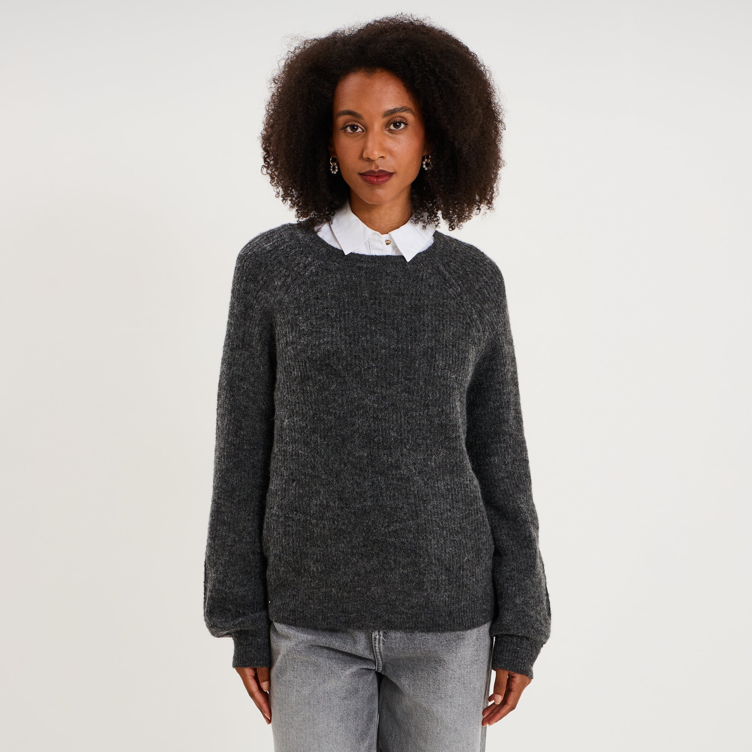 Pull col rond manches longues gris fonc&eacute; femme