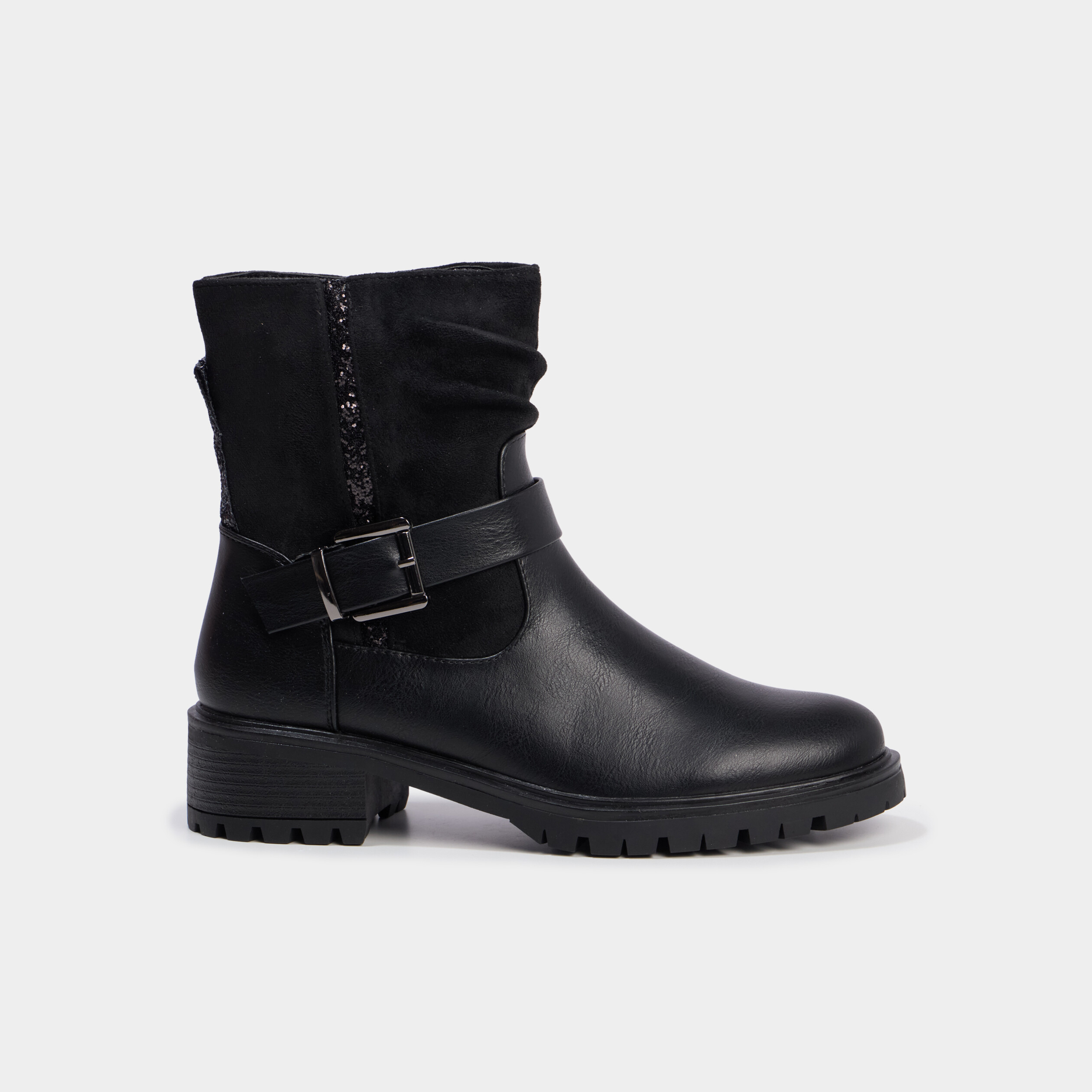 Boots bi-mati&egrave;re crant&eacute;es zipp&eacute;es noir femme