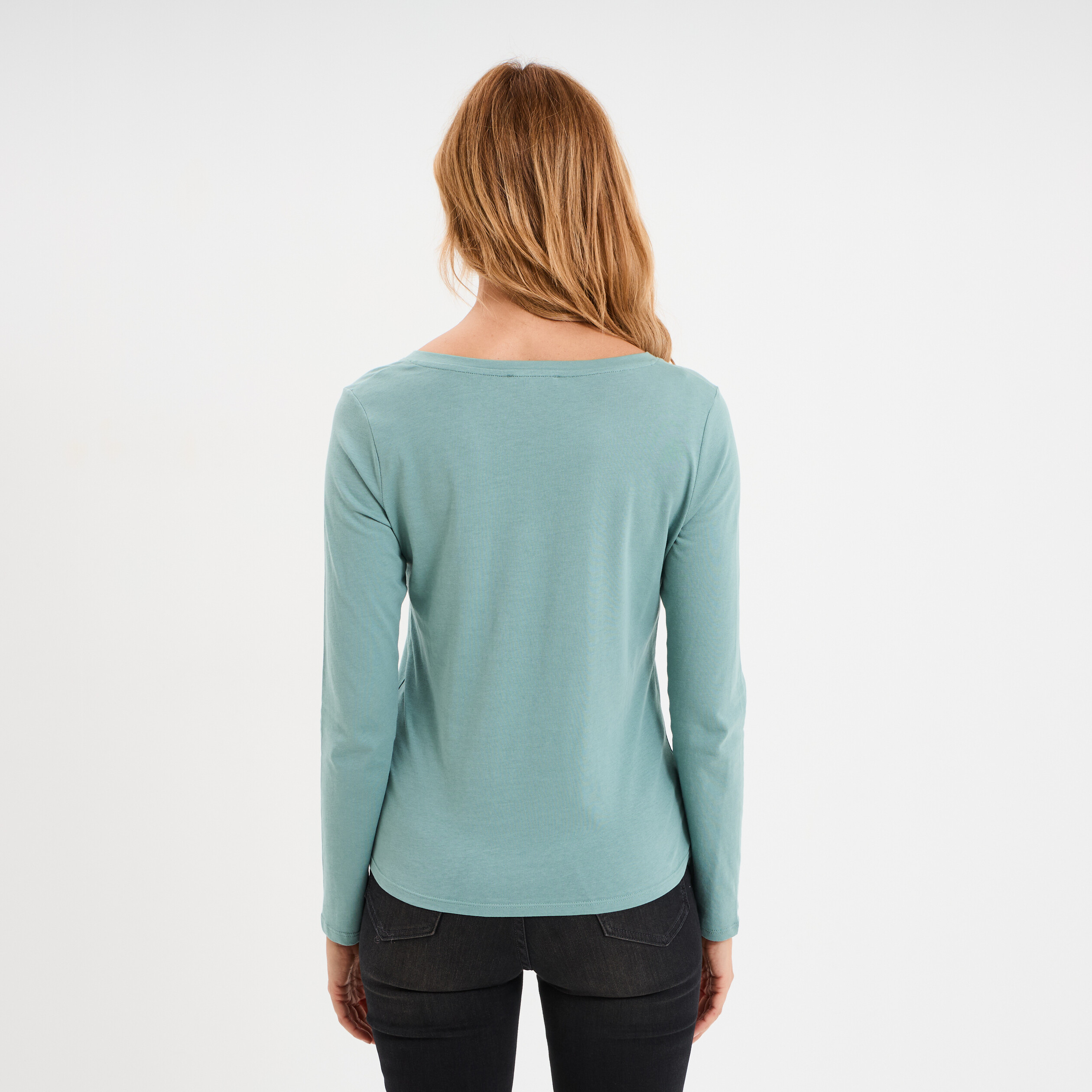 t shirt col en v manches longues coton bleu gris femme T-shirt col en V manches longues coton bleu gris femme