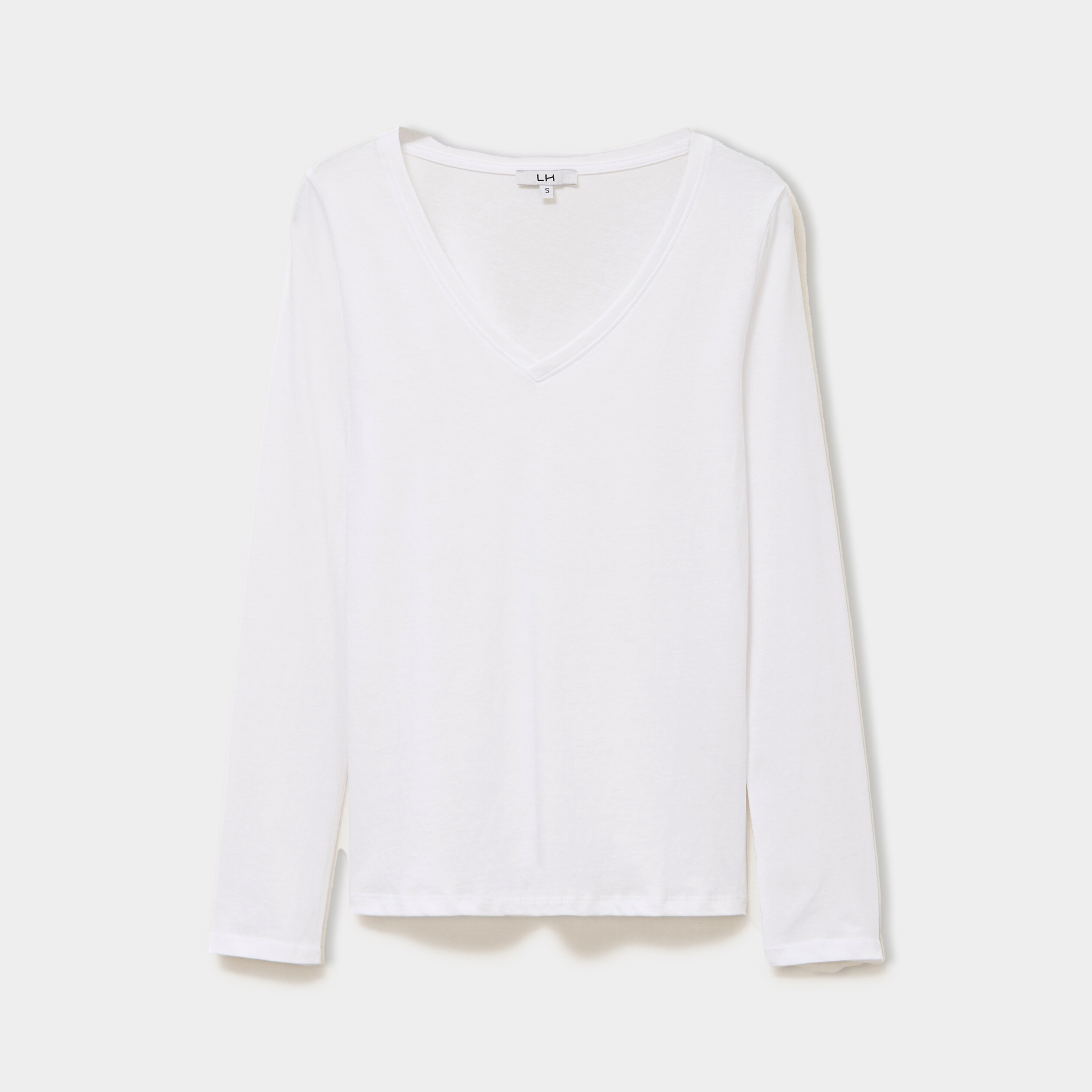 T-shirt col en V manches longues coton blanc femme