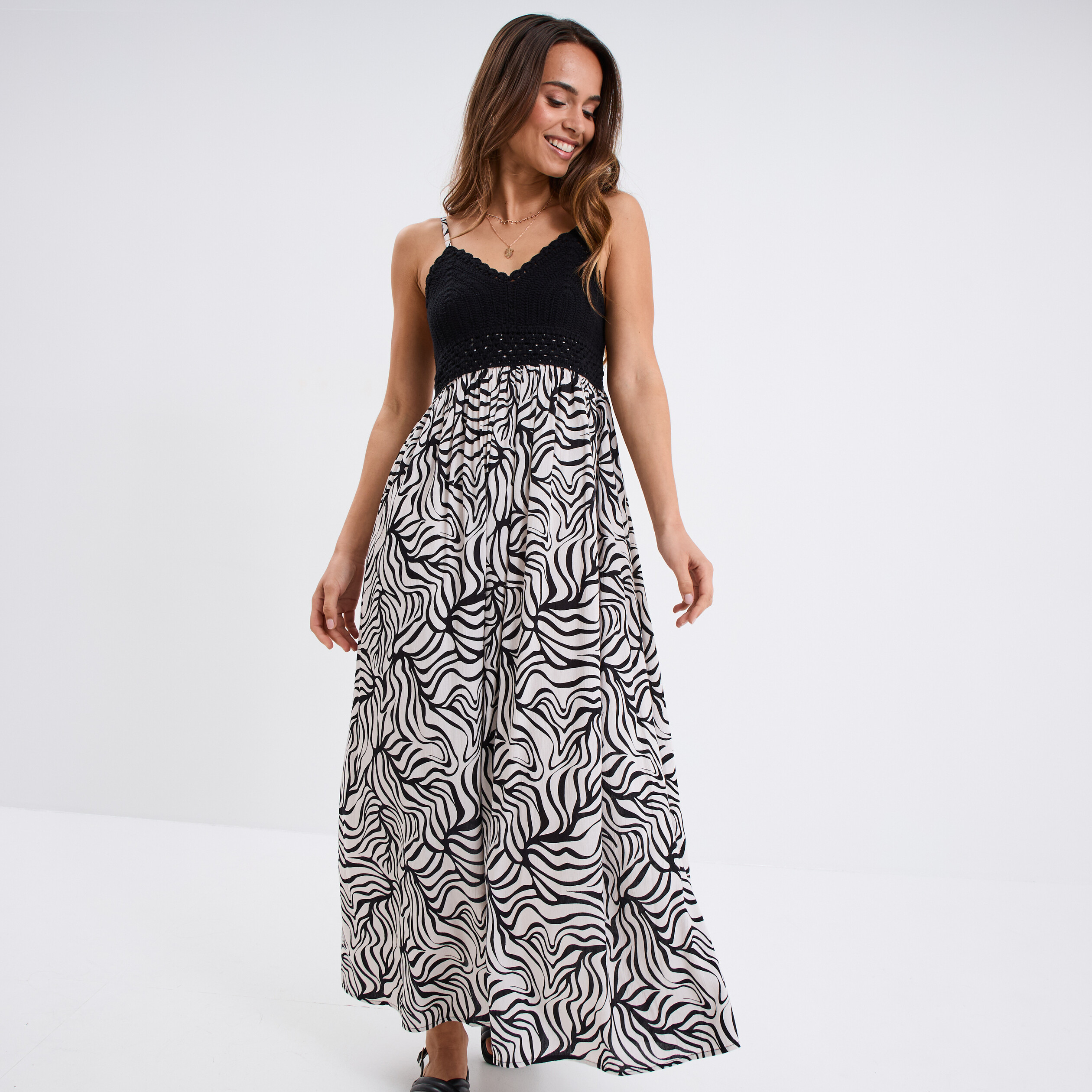 robe longue col en v haut effet crochet ecru femme Robe longue col en V haut effet crochet ecru femme