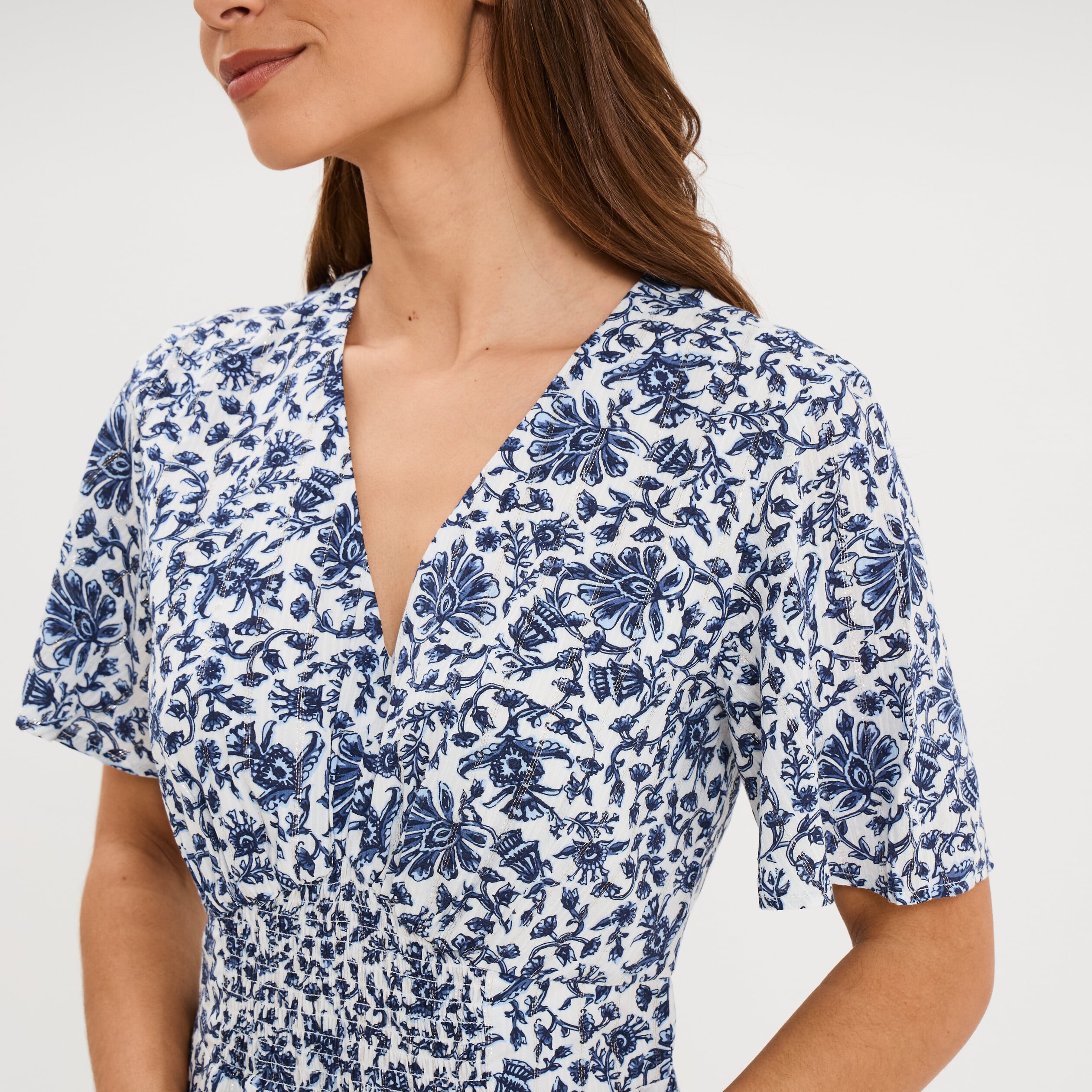 Robe longue empire taille smock&eacute;e blanc femme