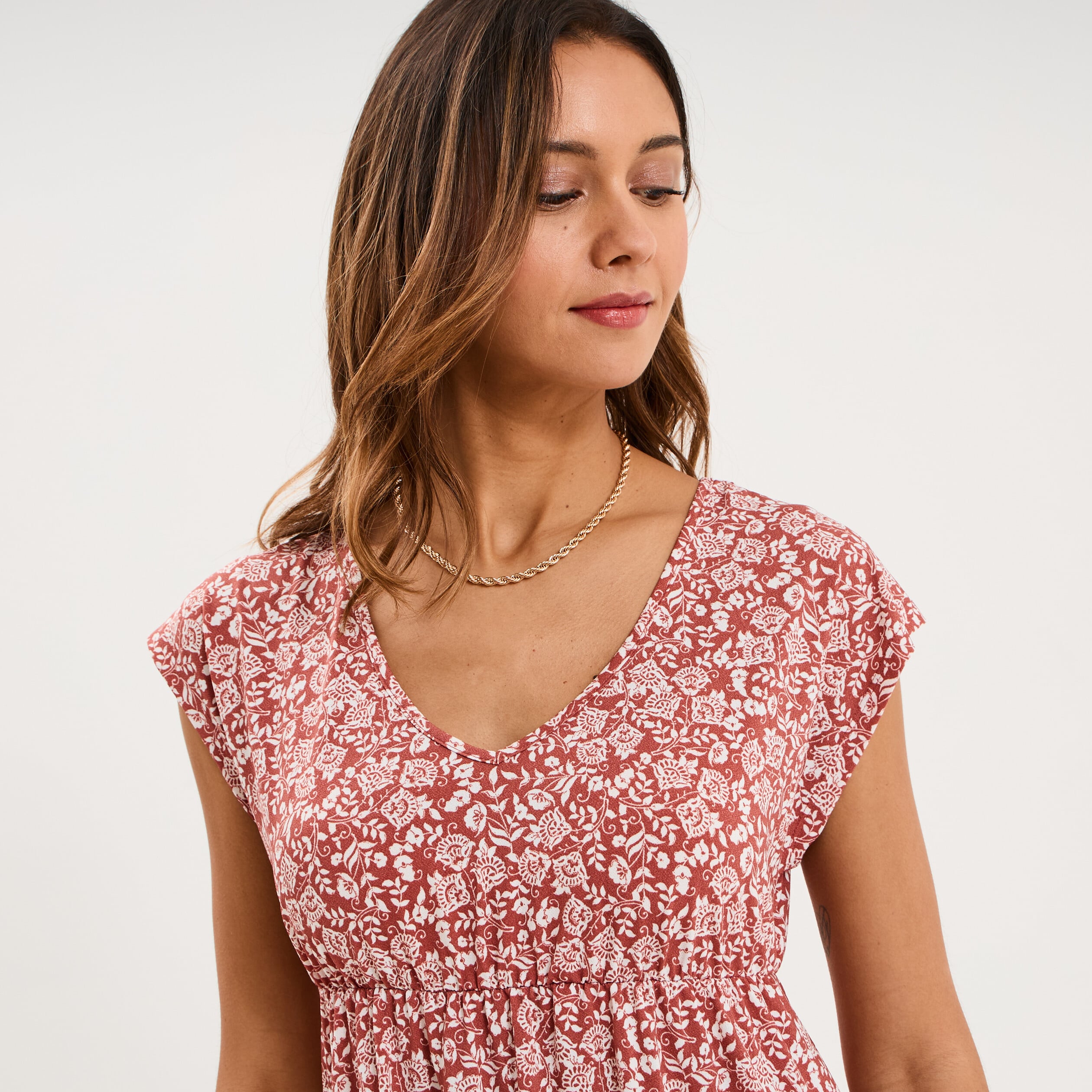 Robe patineuse manches courtes terracotta femme