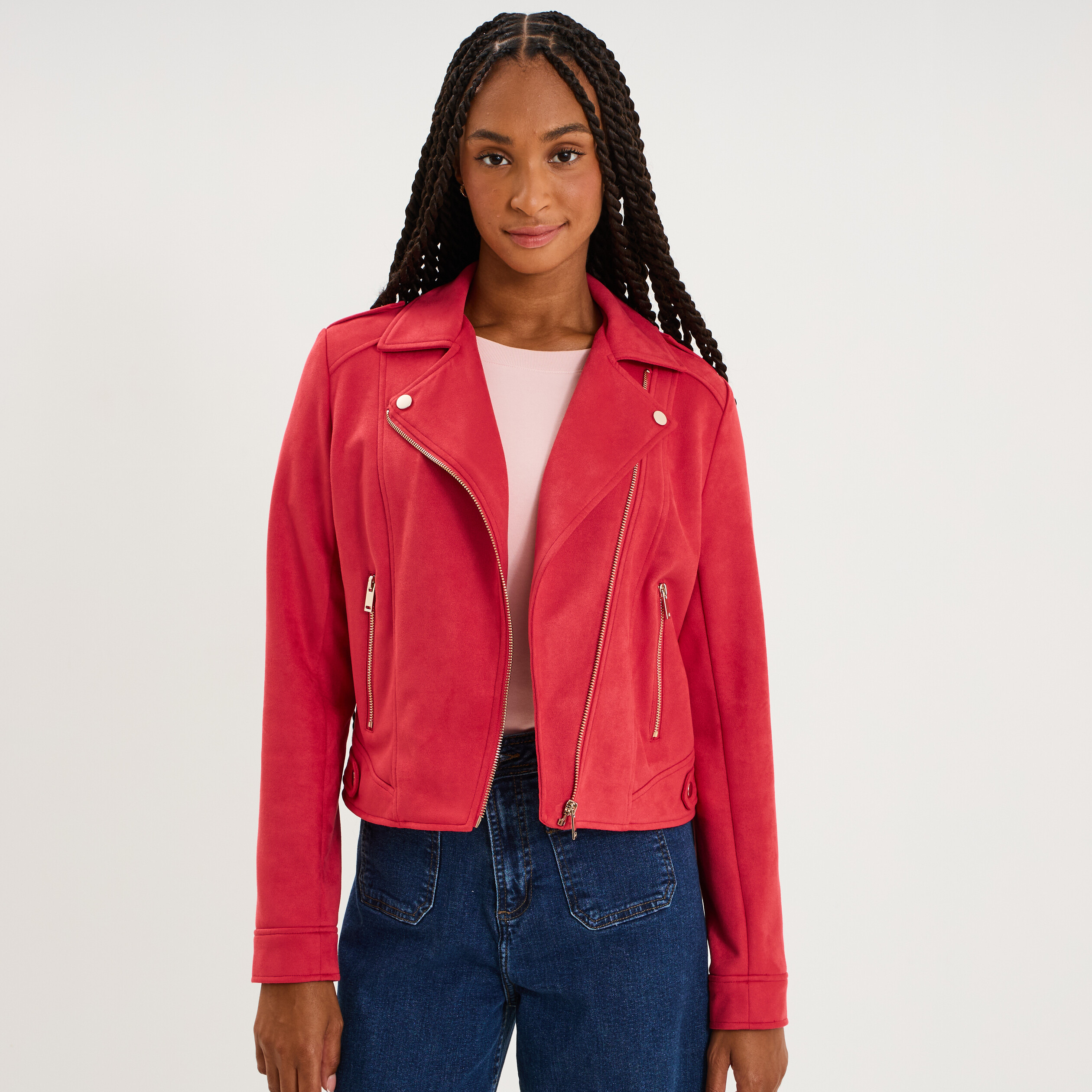 Veste biker en su&eacute;dine ajust&eacute;e rouge femme