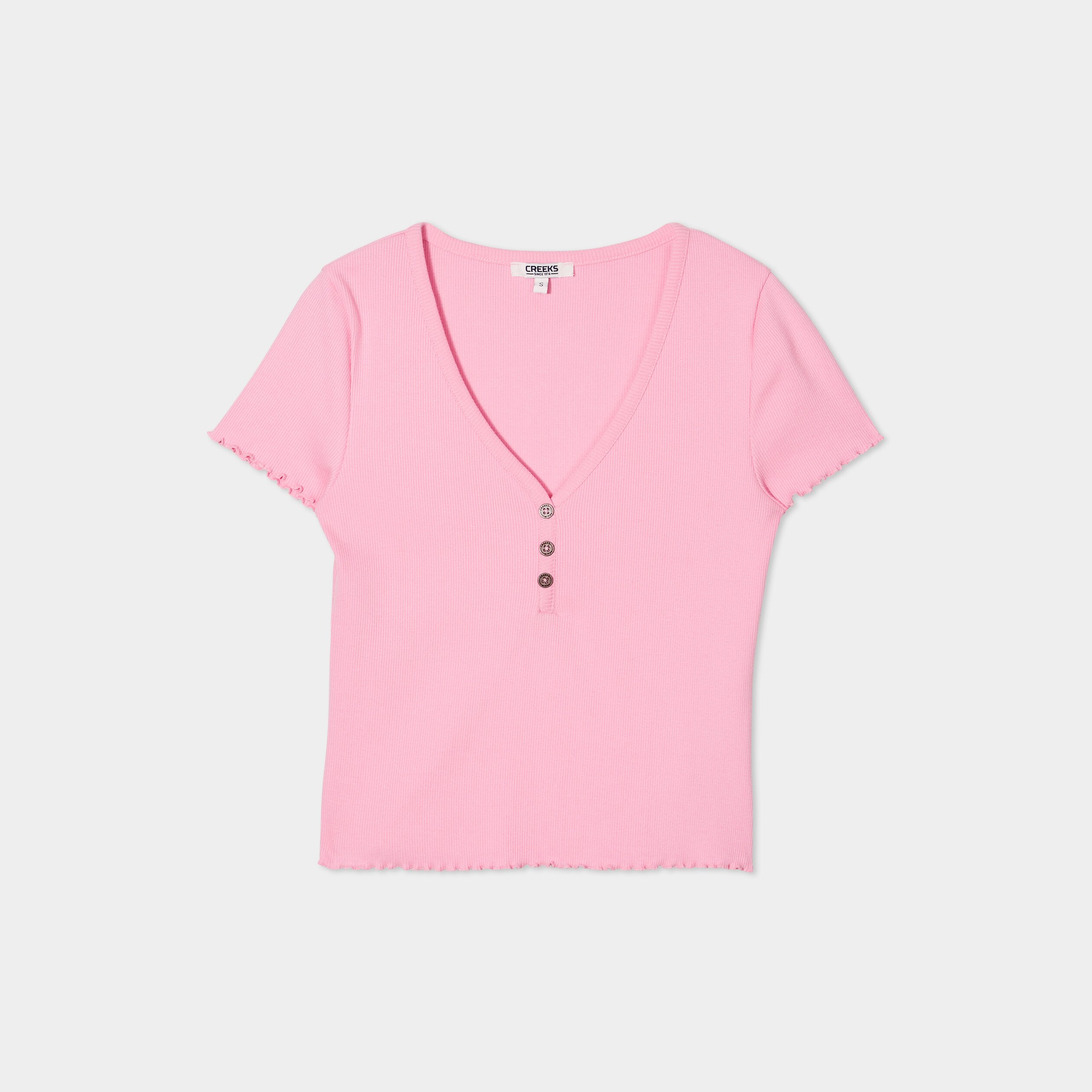 T-shirt court effet côtelé col en V rose femme