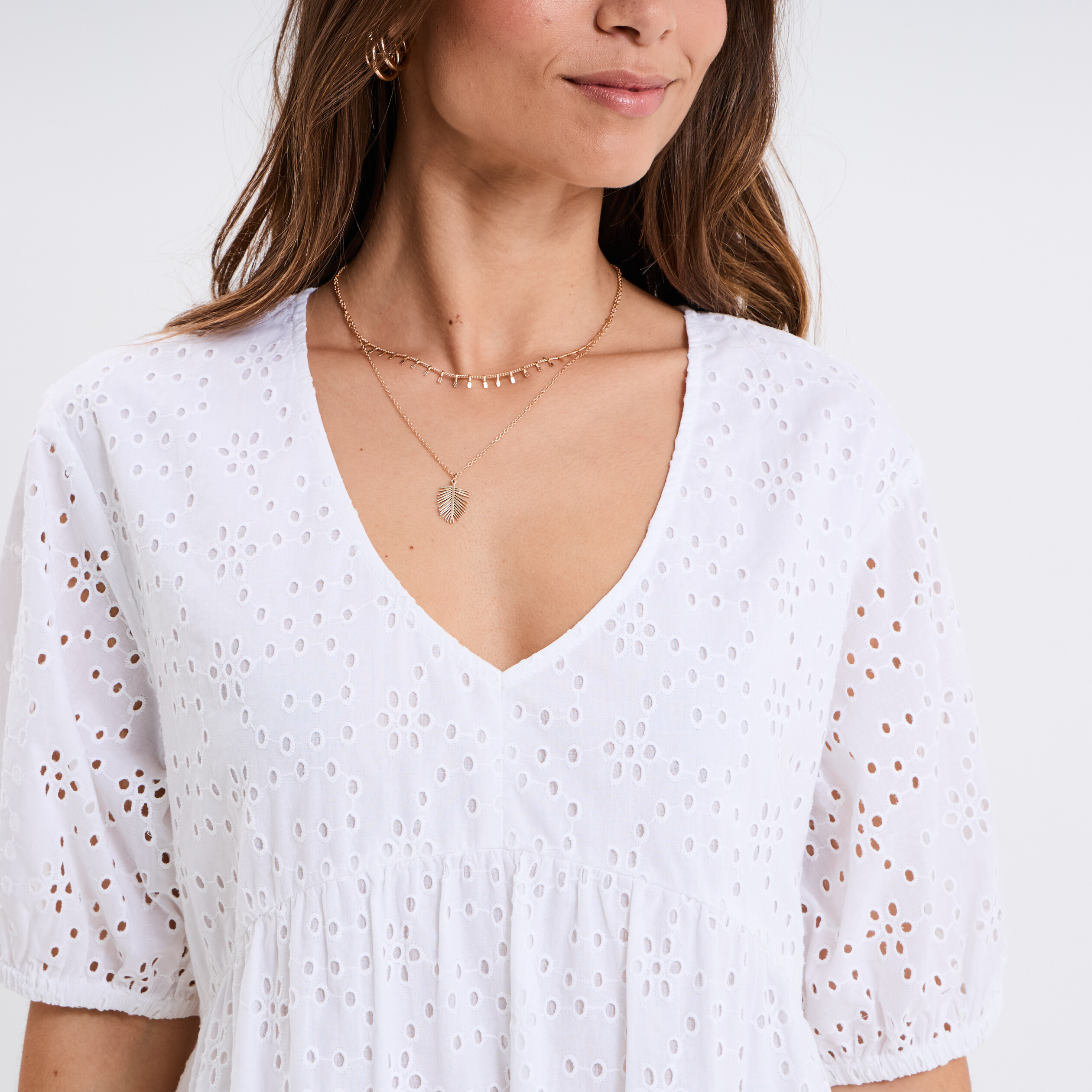 Robe broderie anglaise manches 3/4 blanc femme