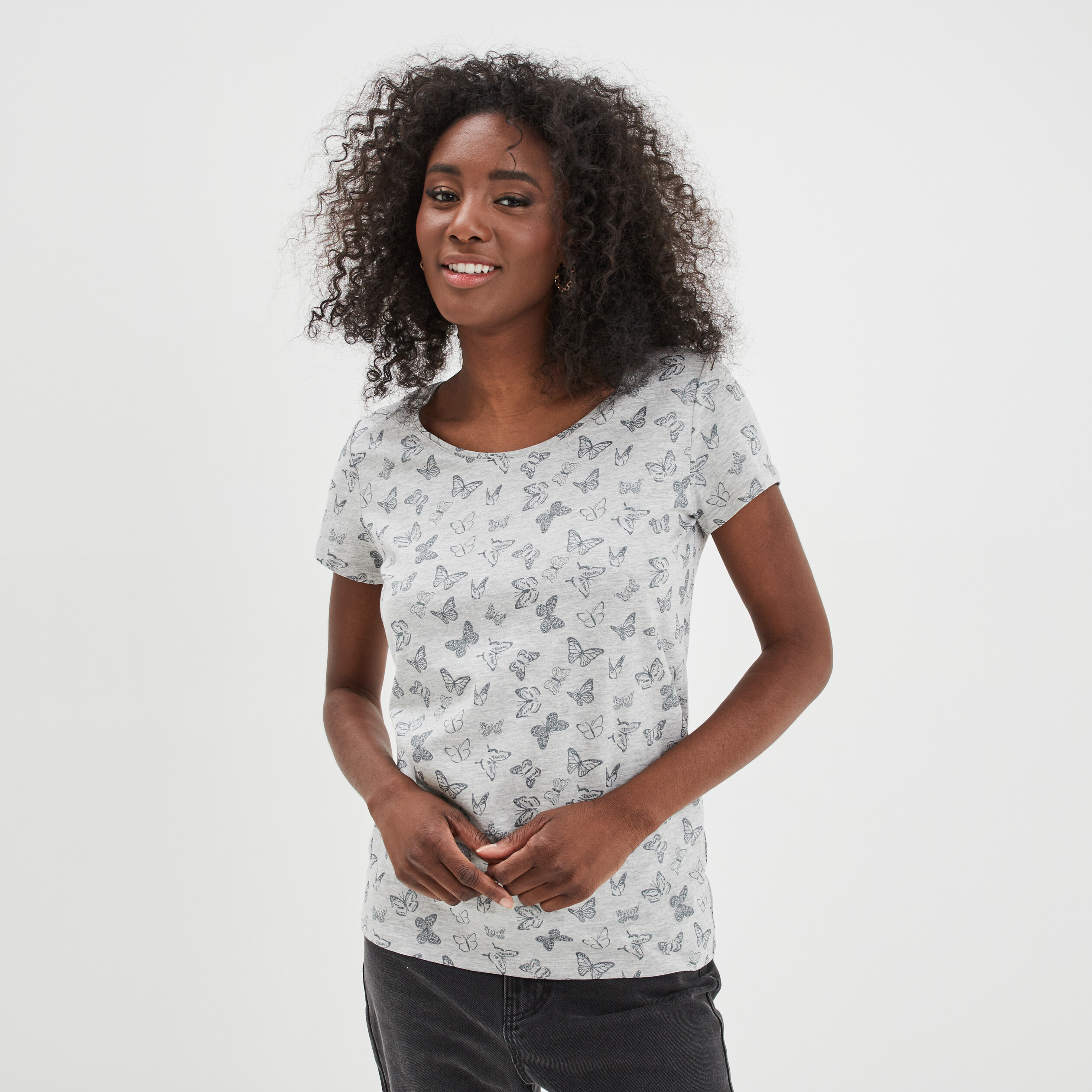 t shirt coton imprime coupe ajustee gris clair femme T-shirt coton imprimé coupe ajustée gris clair femme