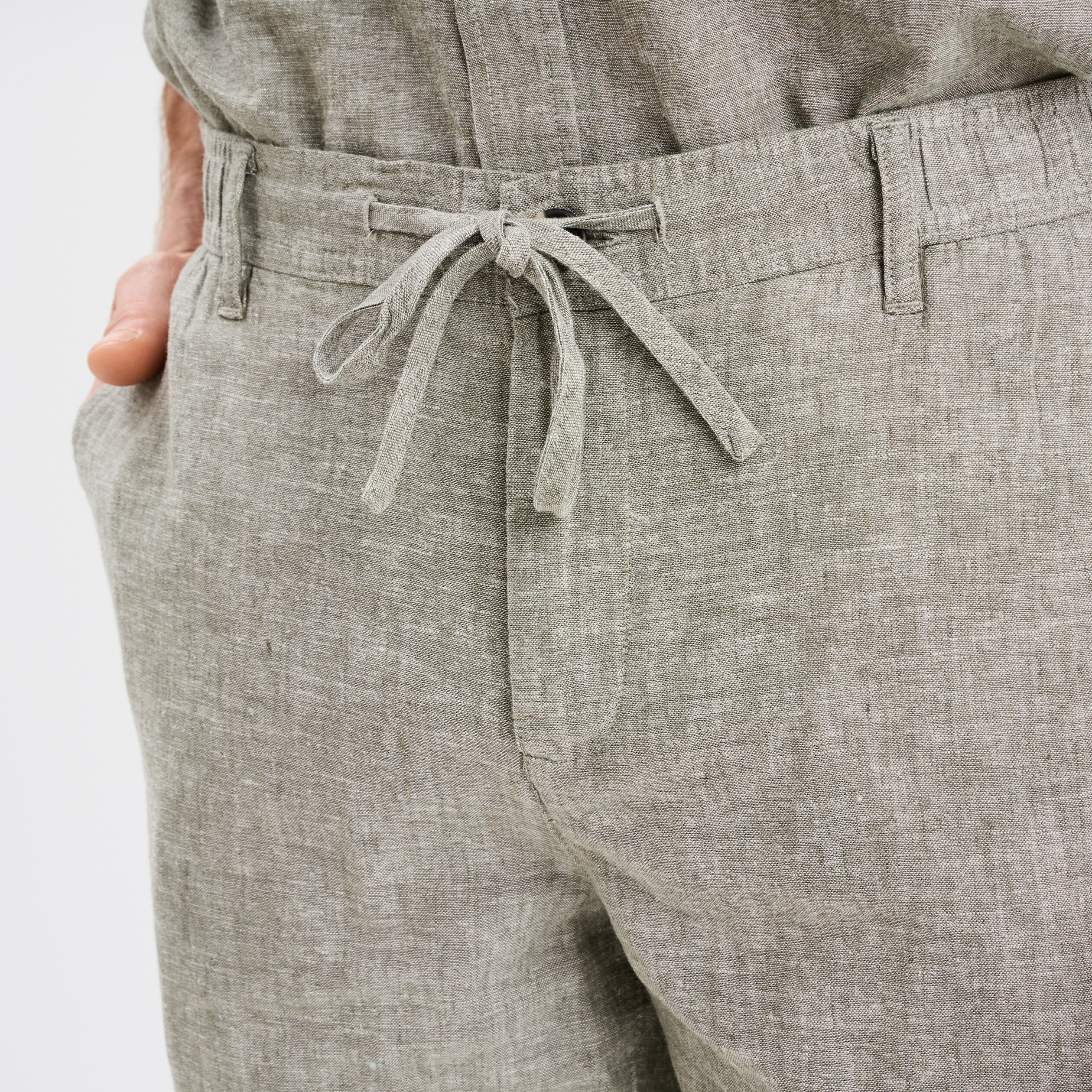 Bermuda chino &agrave; coulisse lin m&eacute;lang&eacute; vert kaki homme