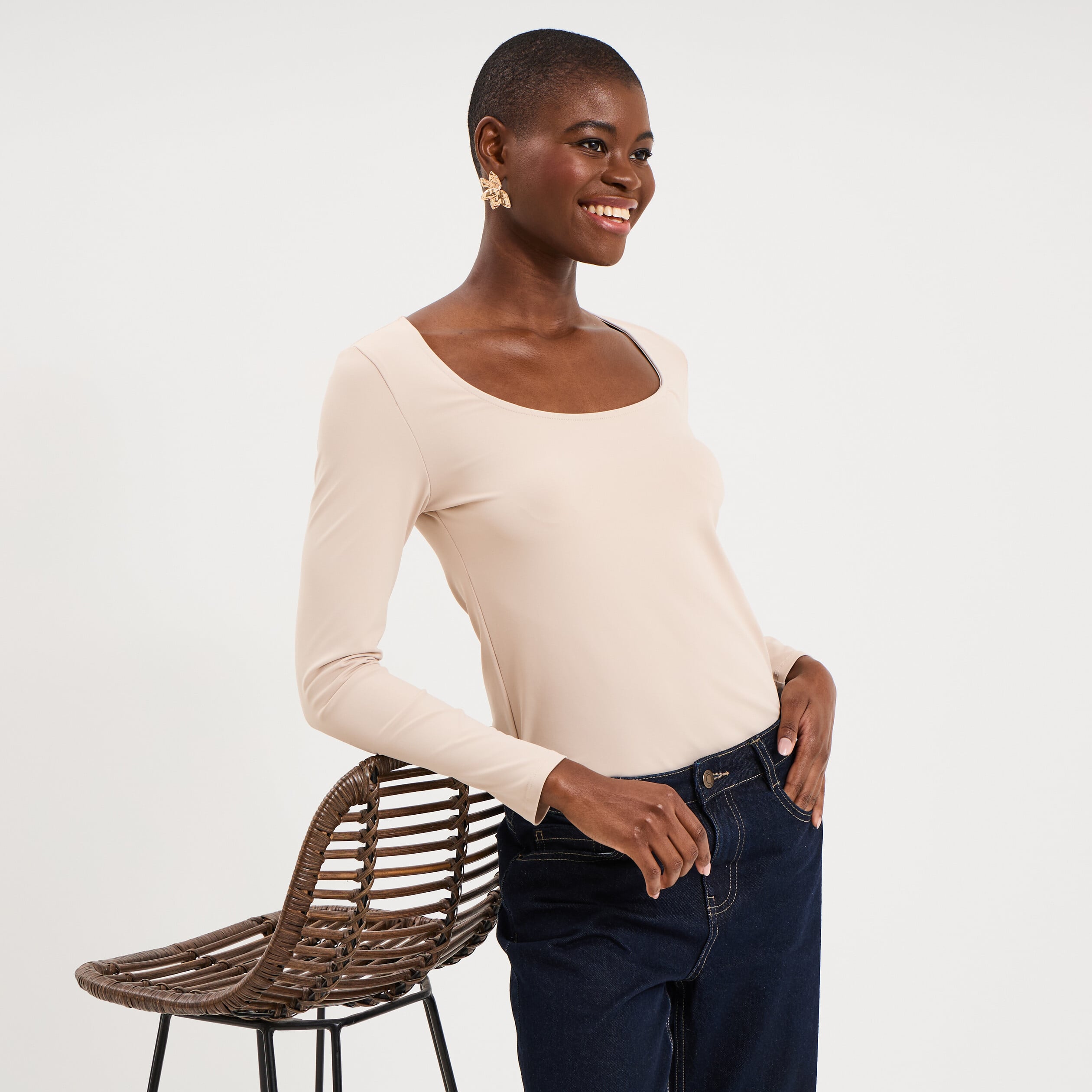 T-shirt ajust&eacute; manches longues beige femme