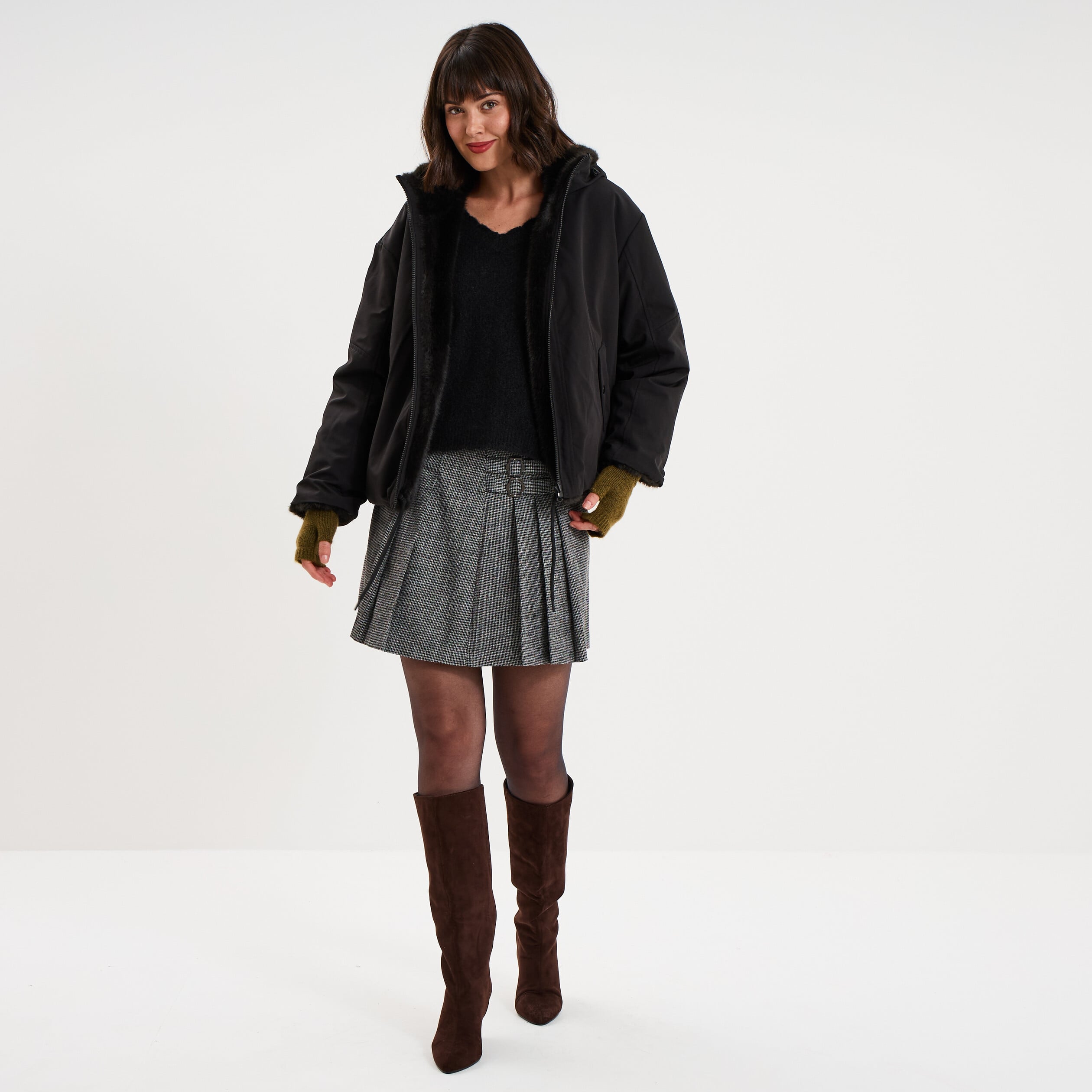 Parka r&eacute;versible capuche fausse fourrure noir femme