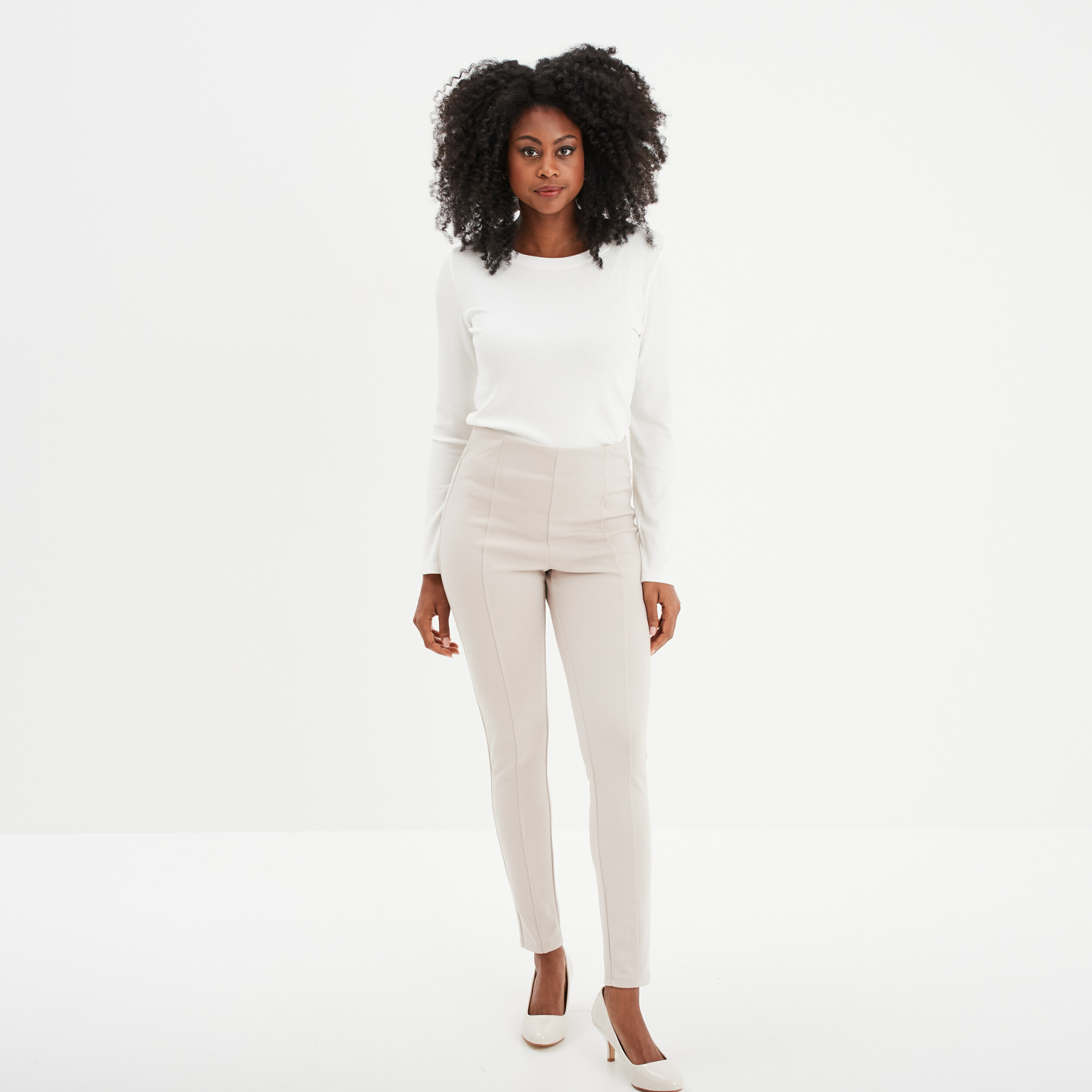 Pantalon jegging taille haute elastiquee beige femme La Halle