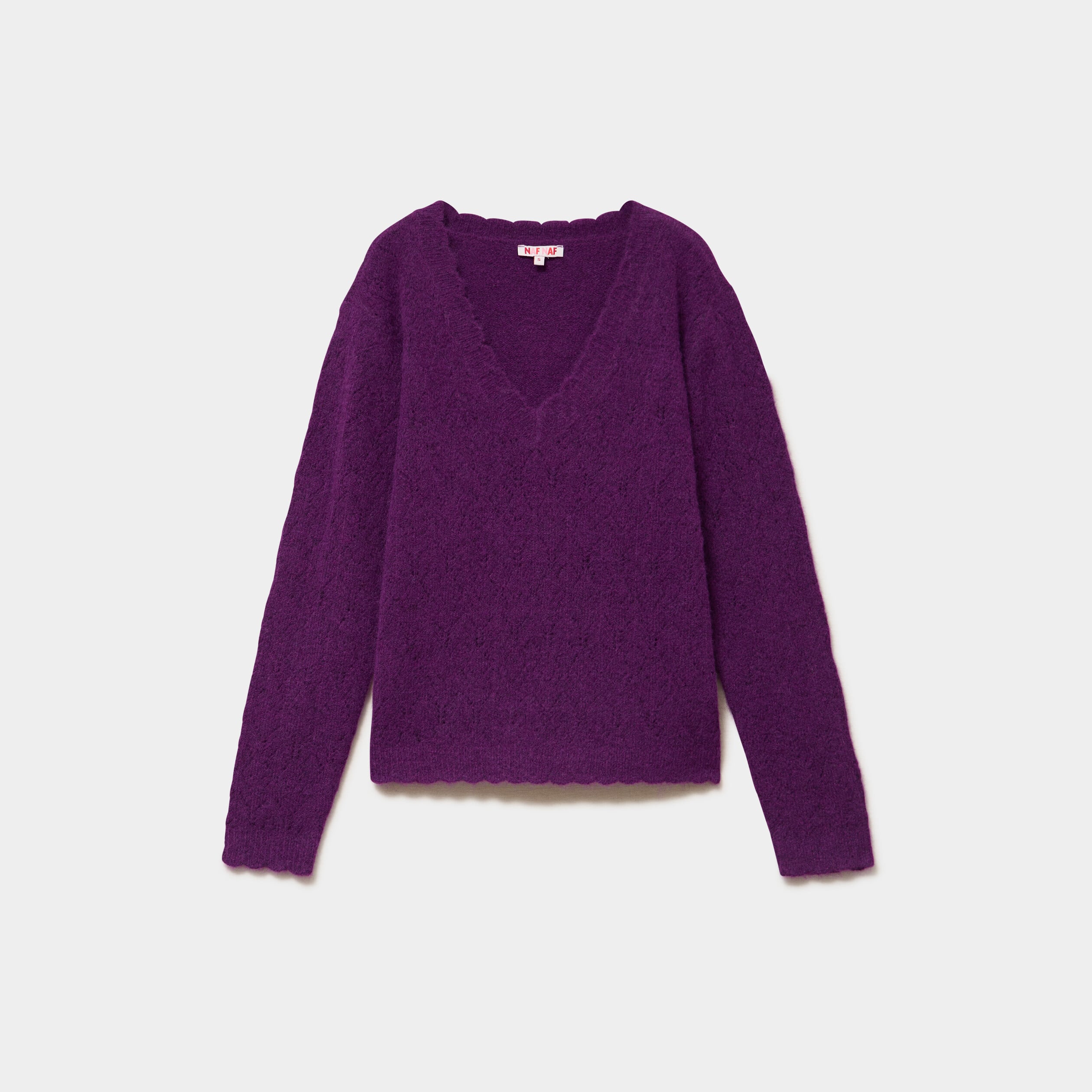 Pull col V ajour&eacute; manches longues violet fonc&eacute; femme