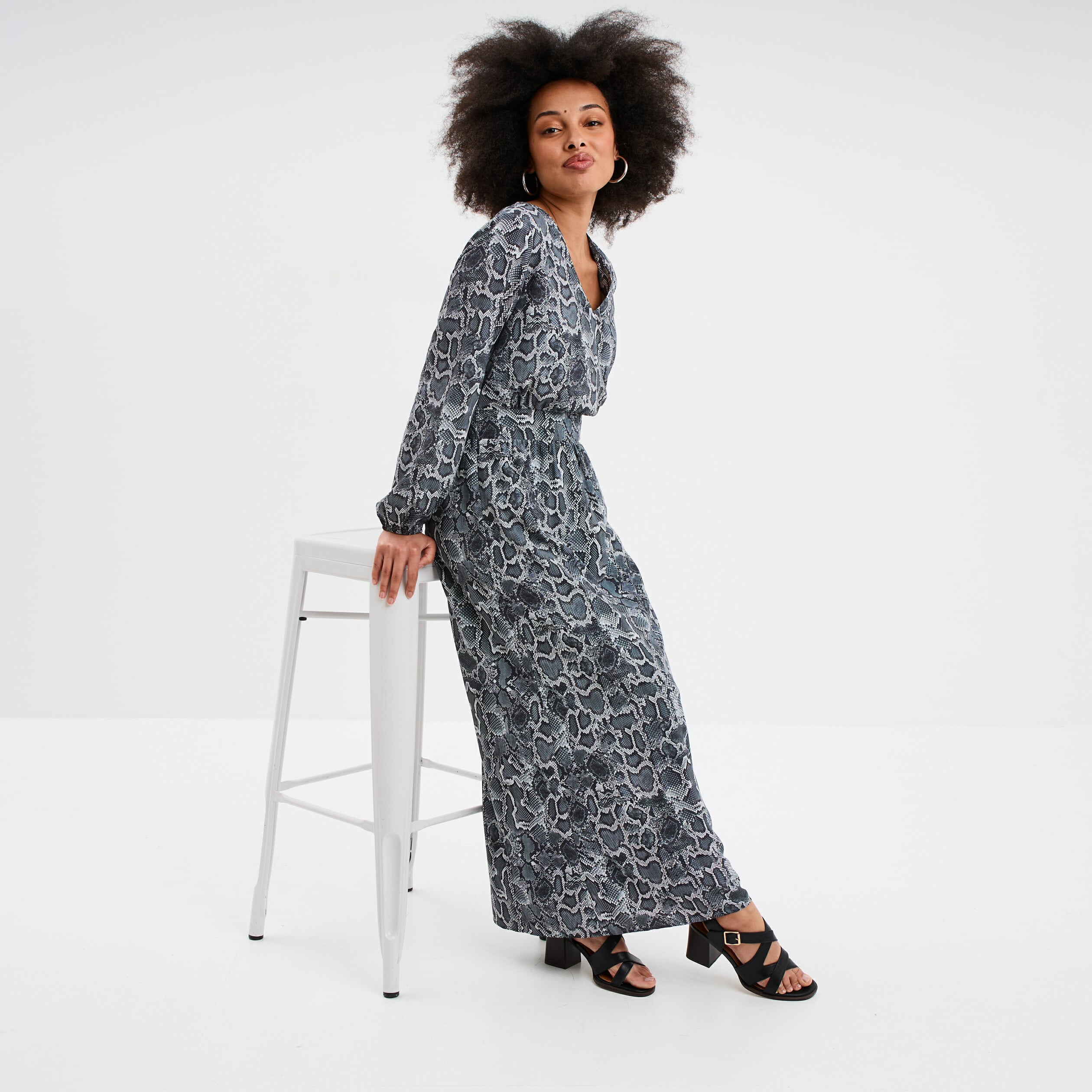 Robe longue fluide manches longues gris femme