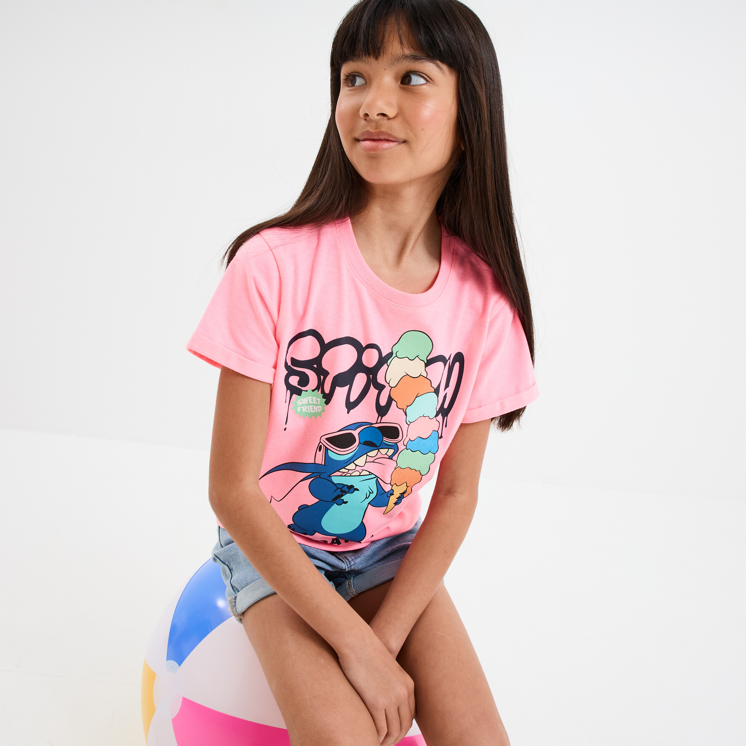 t shirt manches courtes stitch rose fluo fille T-shirt manches courtes Stitch rose fluo fille