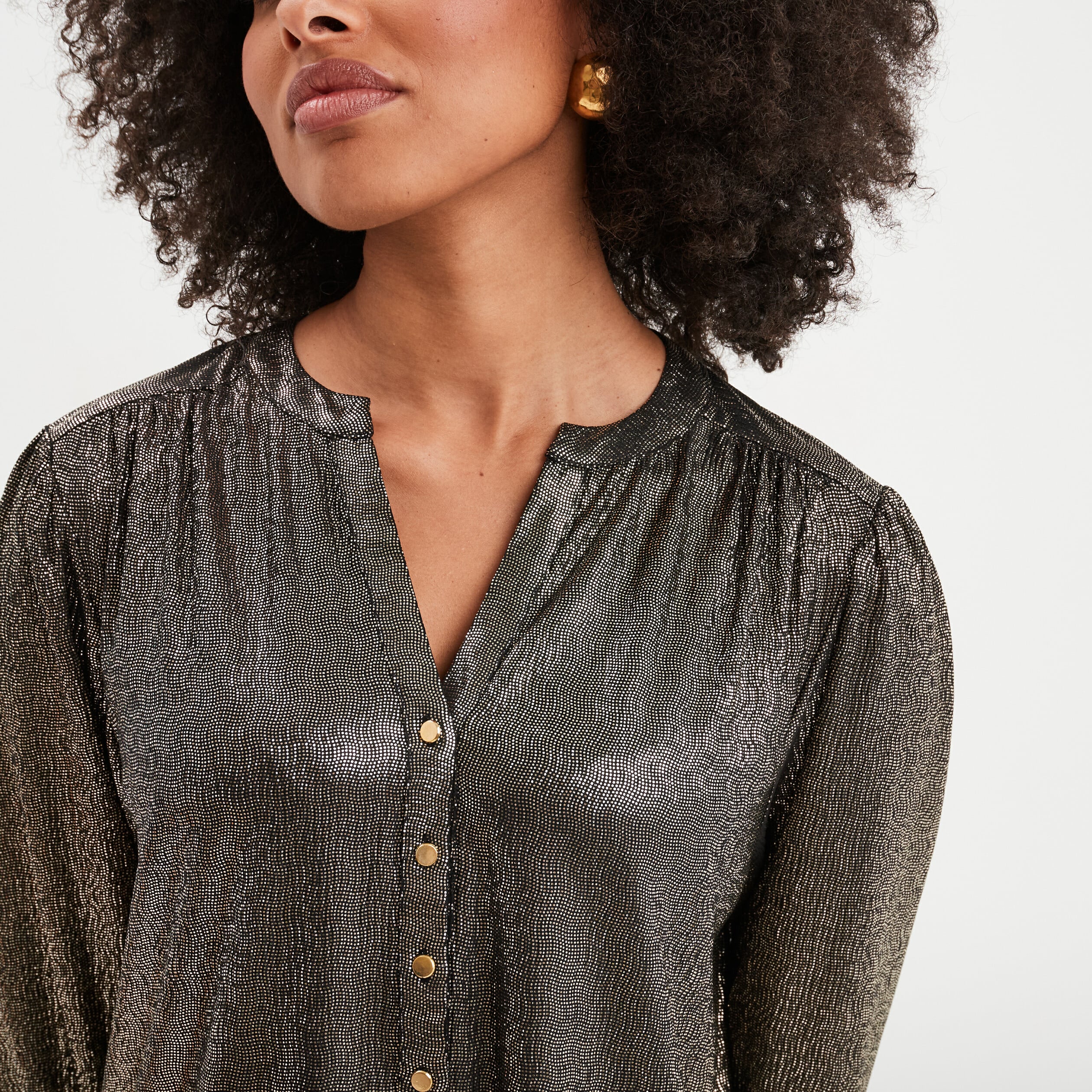 Blouse m&eacute;tallis&eacute;e manches longues jaune or femme