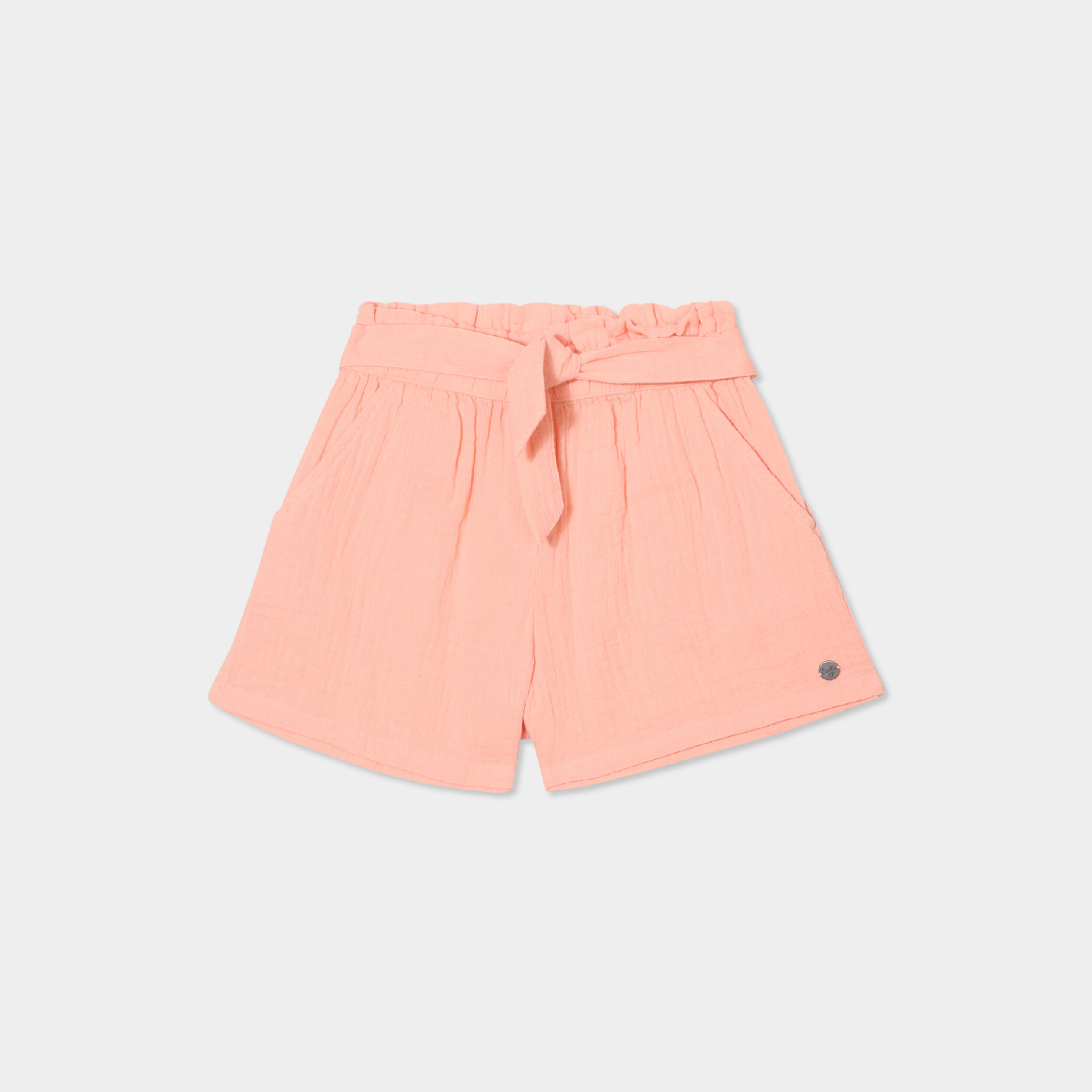 short droit avec noeud en gaze de coton rose saumon fille Short droit avec noeud en gaze de coton rose saumon fille