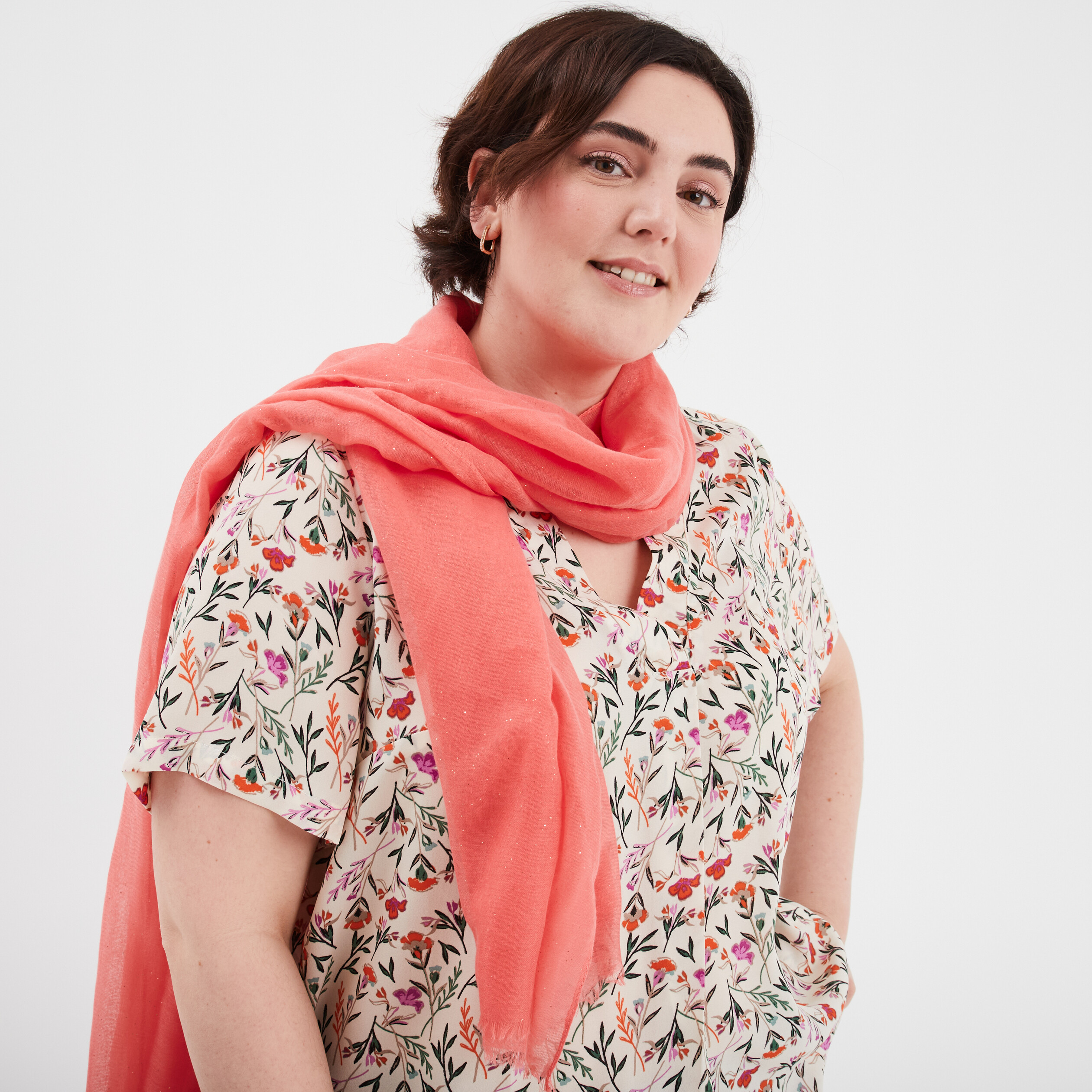 foulard bords a franges fines orange corail femme Foulard bords à franges fines orange corail femme