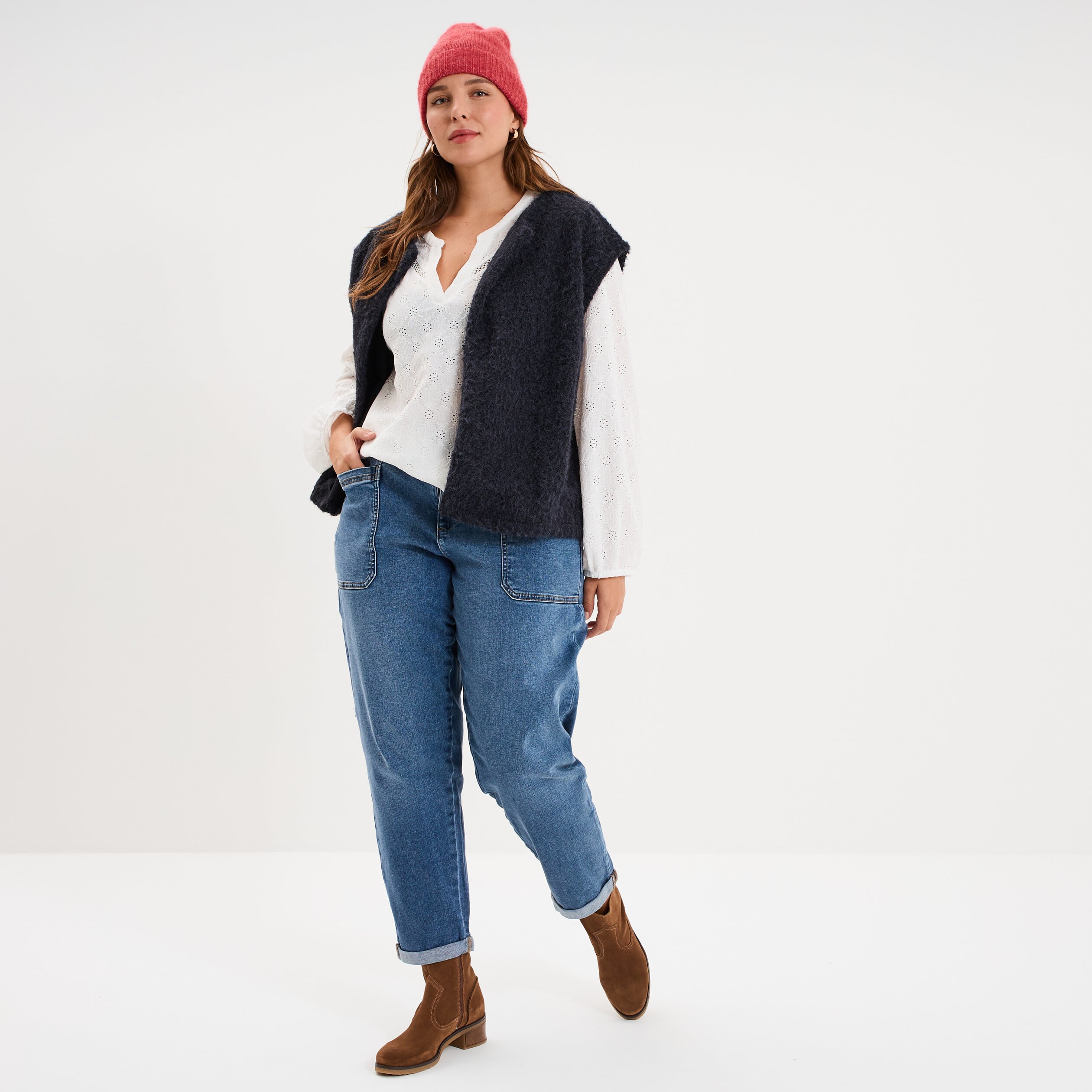 Jean droit taille &eacute;lastiqu&eacute;e &agrave; revers denim stone femme grande taille