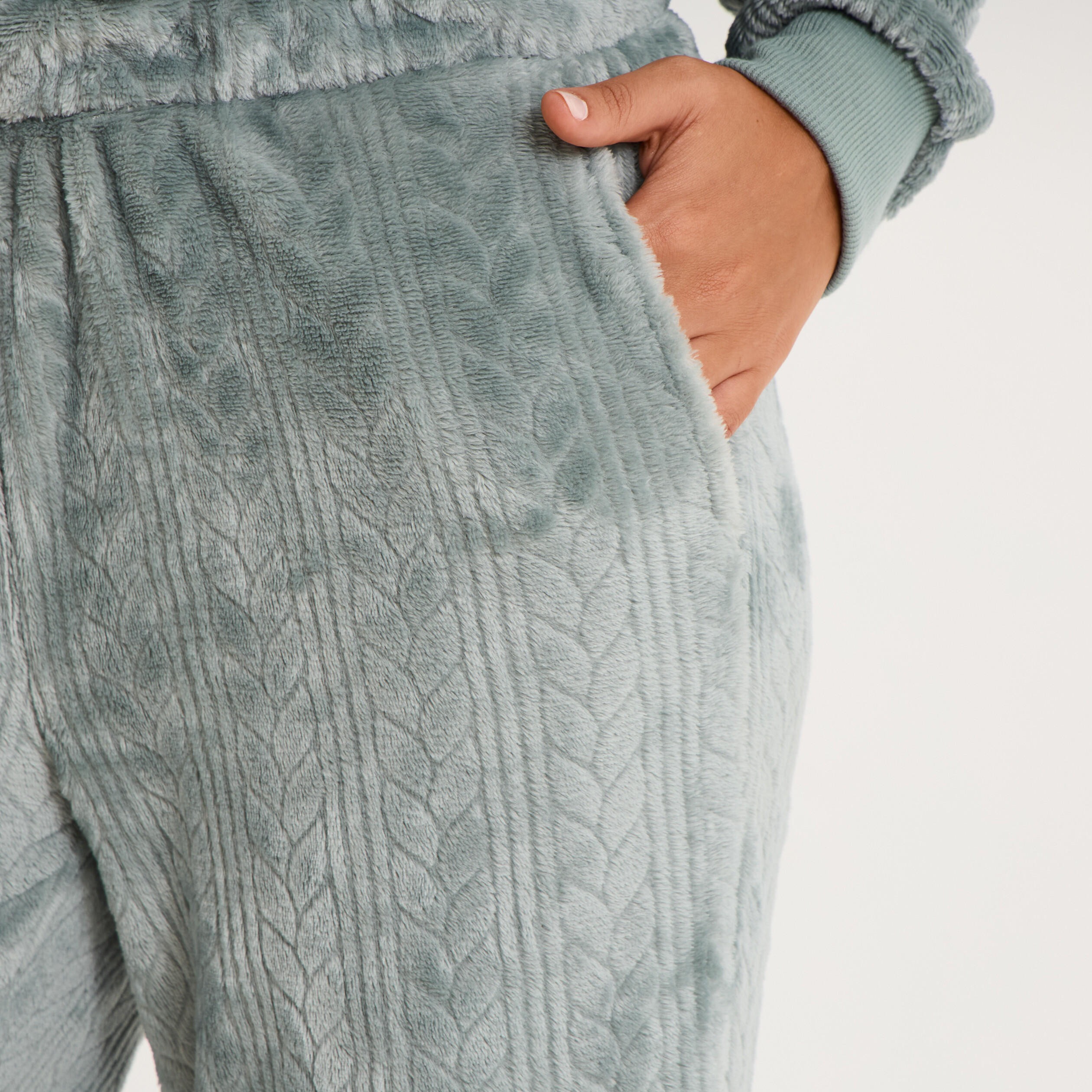 Pantalon effet polaire d&eacute;tails torsades bleu gris femme