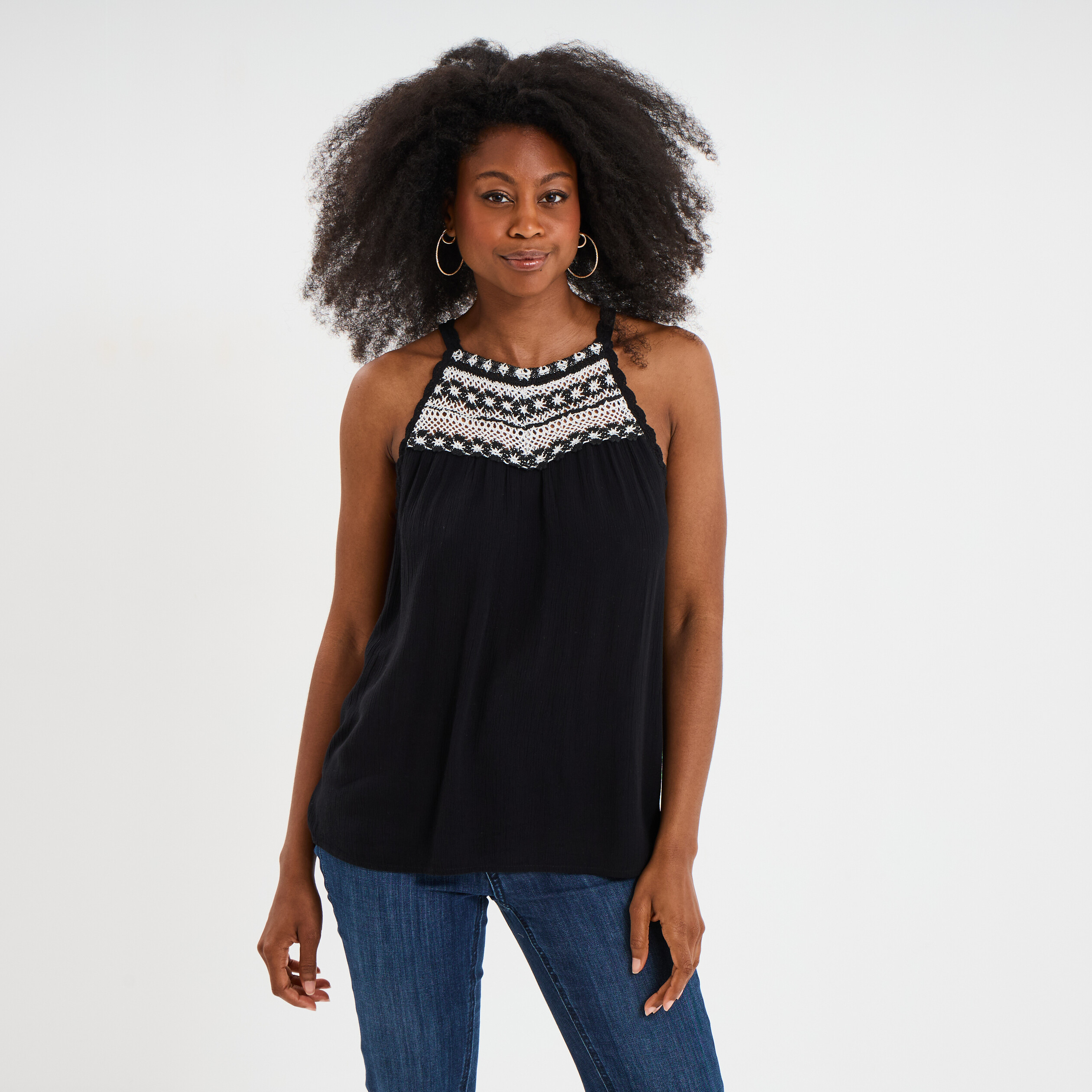 blouse col effet macrame noir femme Blouse col effet macramé noir femme