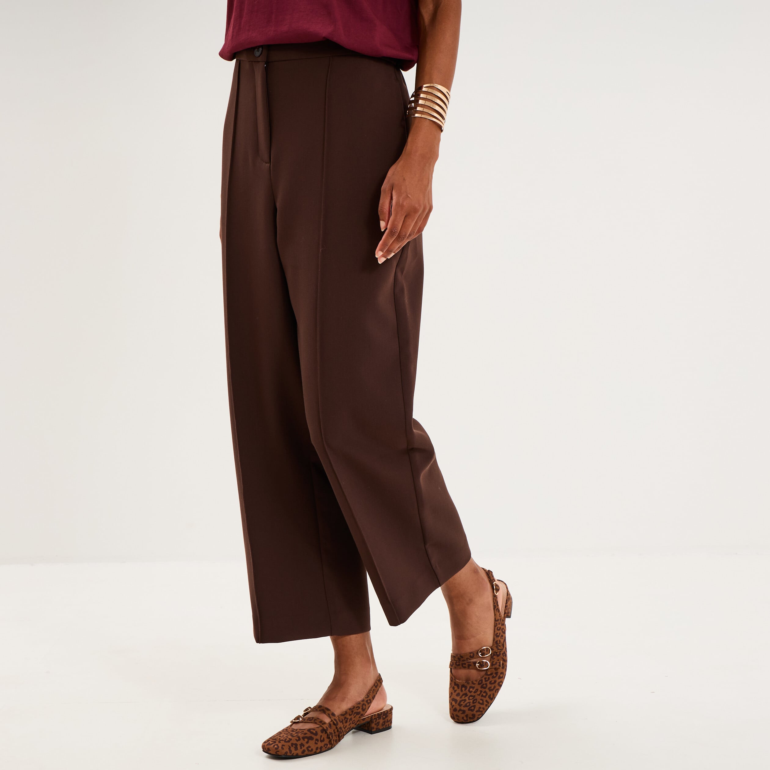 Pantalon droit cropped taille haute marron fonc&eacute; femme