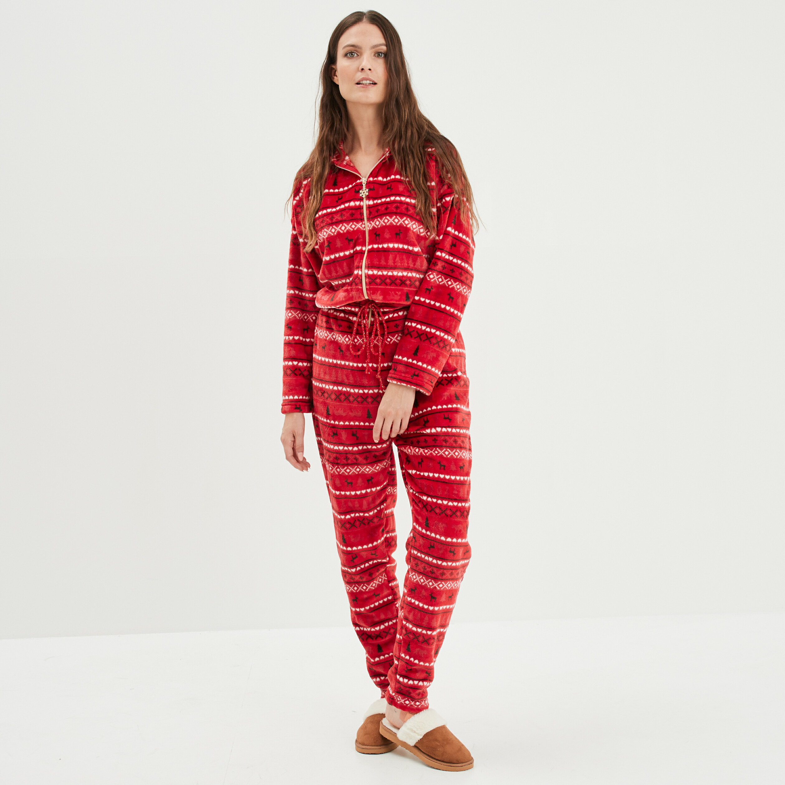 Combinaison pyjama pilou à capuche rouge femme
