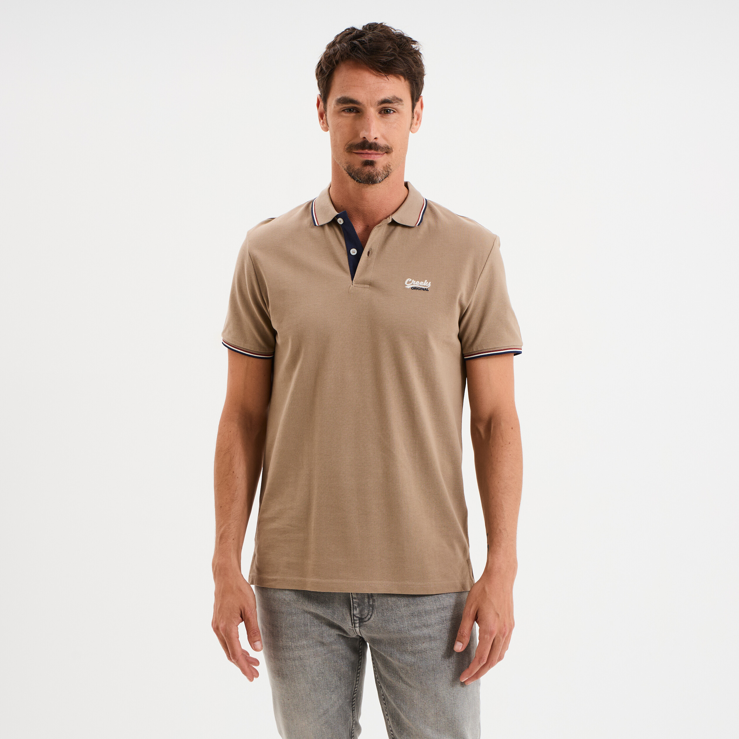 polo avec broderie poitrine coton creeks taupe homme Polo avec broderie poitrine coton Creeks taupe homme