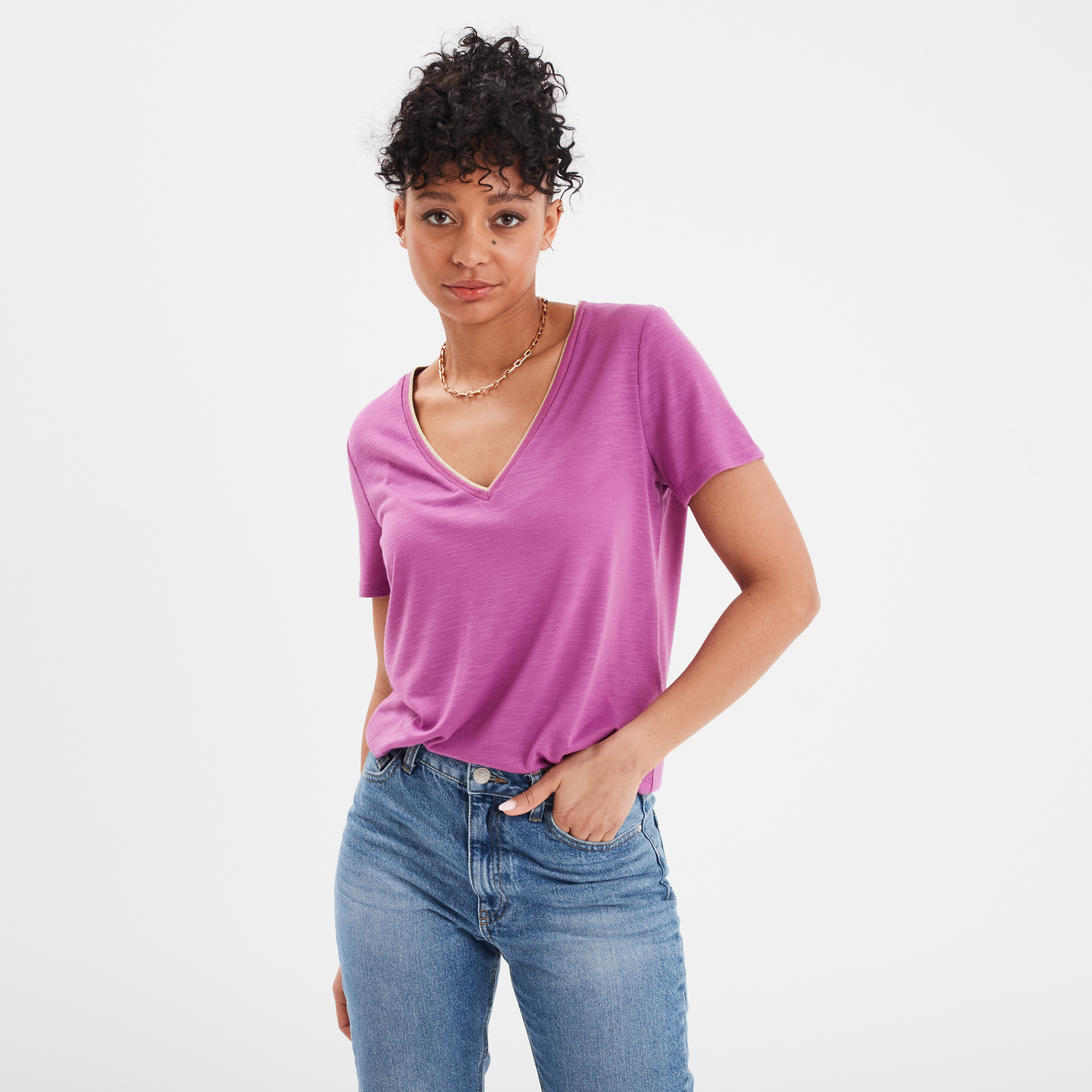 t shirt col en v manches courtes violet femme T-shirt col en V manches courtes violet femme