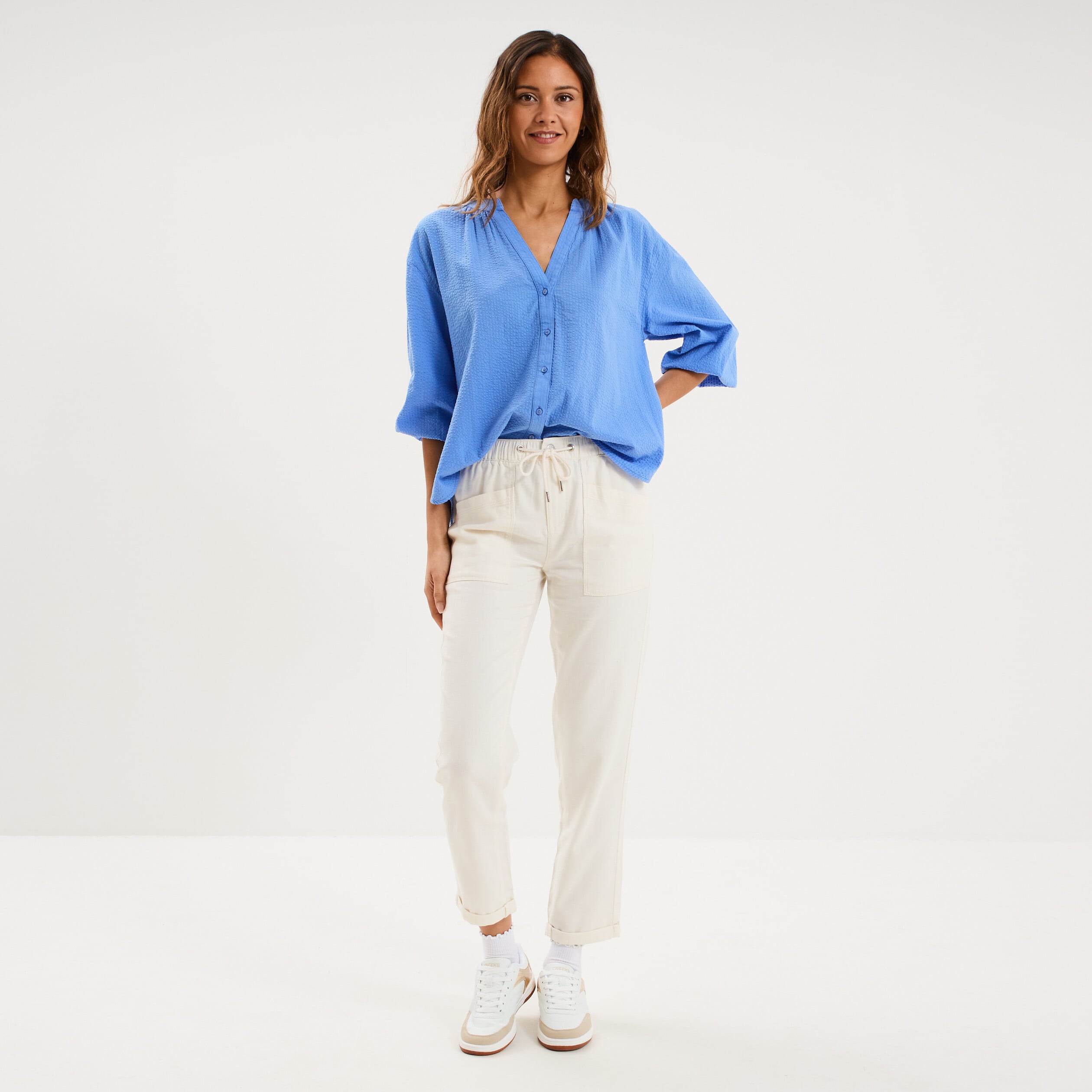 Blouse col tunisien manches 3/4 coton bleu electrique femme