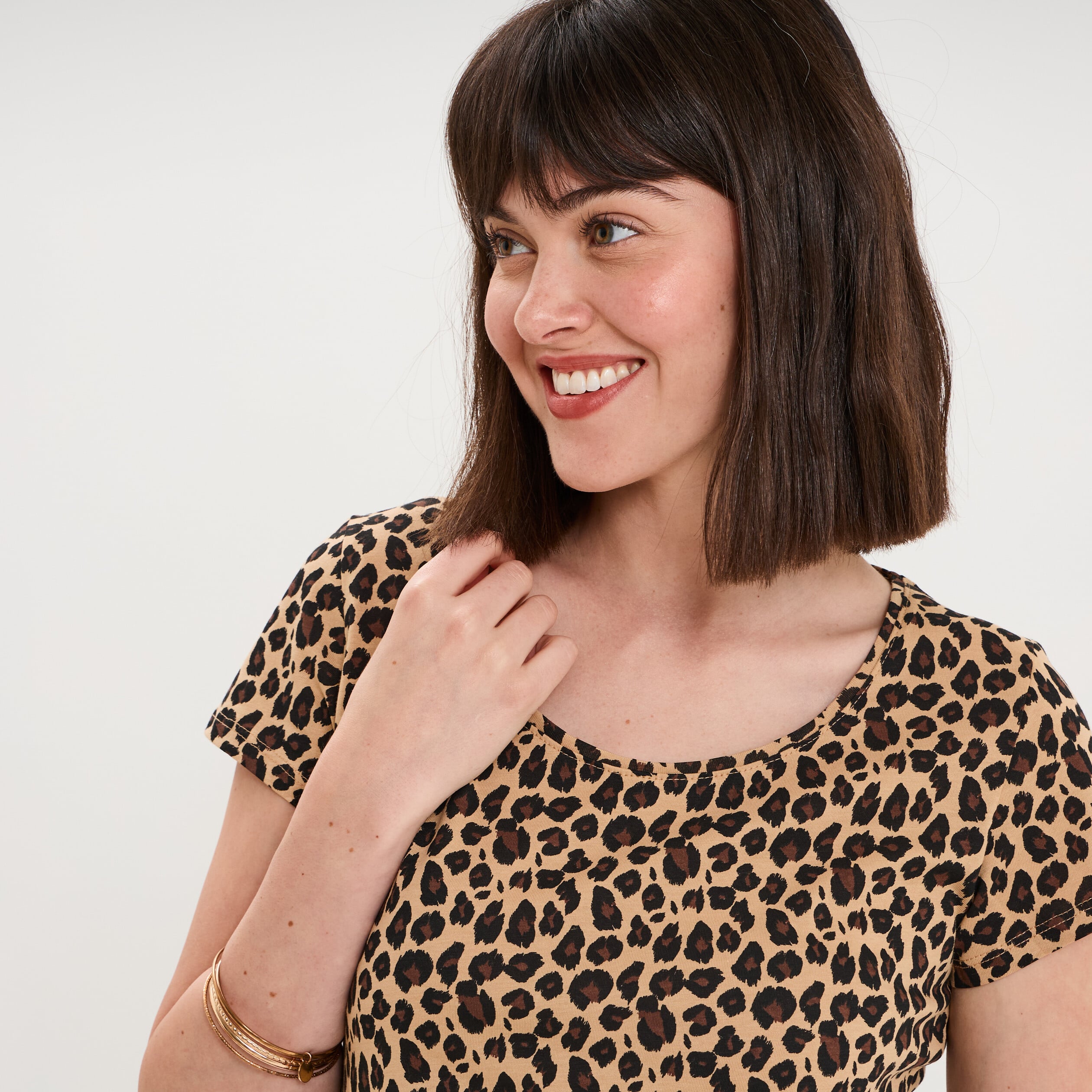 T-shirt coton imprim&eacute; coupe ajust&eacute;e beige femme