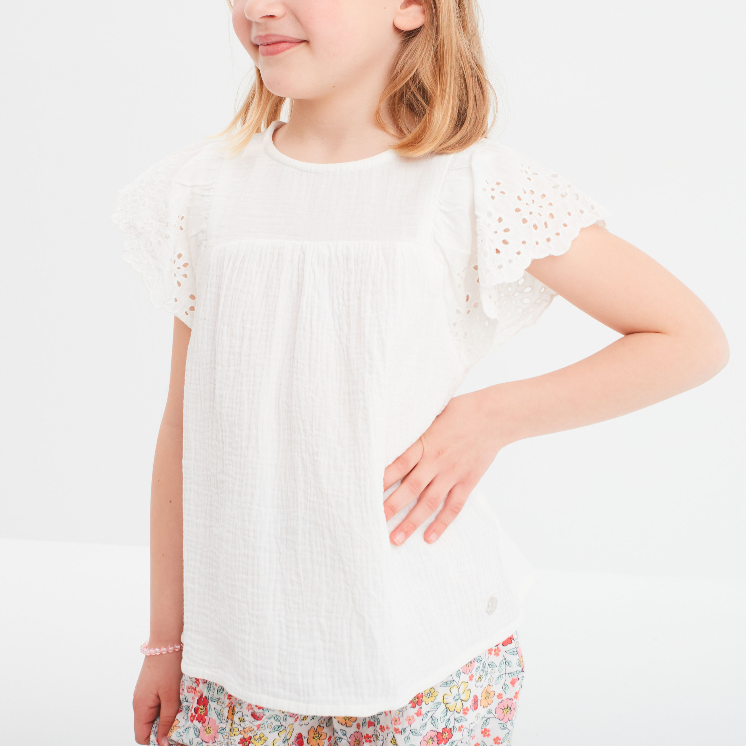 Blouse broderie anglaise gaze de coton ivoire fille